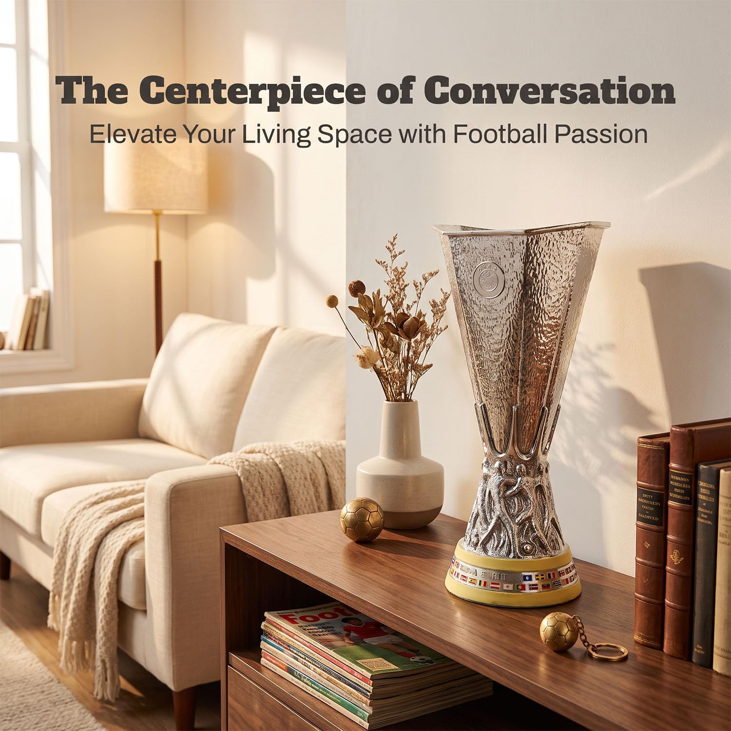 Replika der Europa Fußball League Champions Trophy in Originalgröße | Versilberter Siegerpokal aus Resin, Sammlerstück und stilvolle Bürodekoration, perfektes Geschenk für Fußballfans