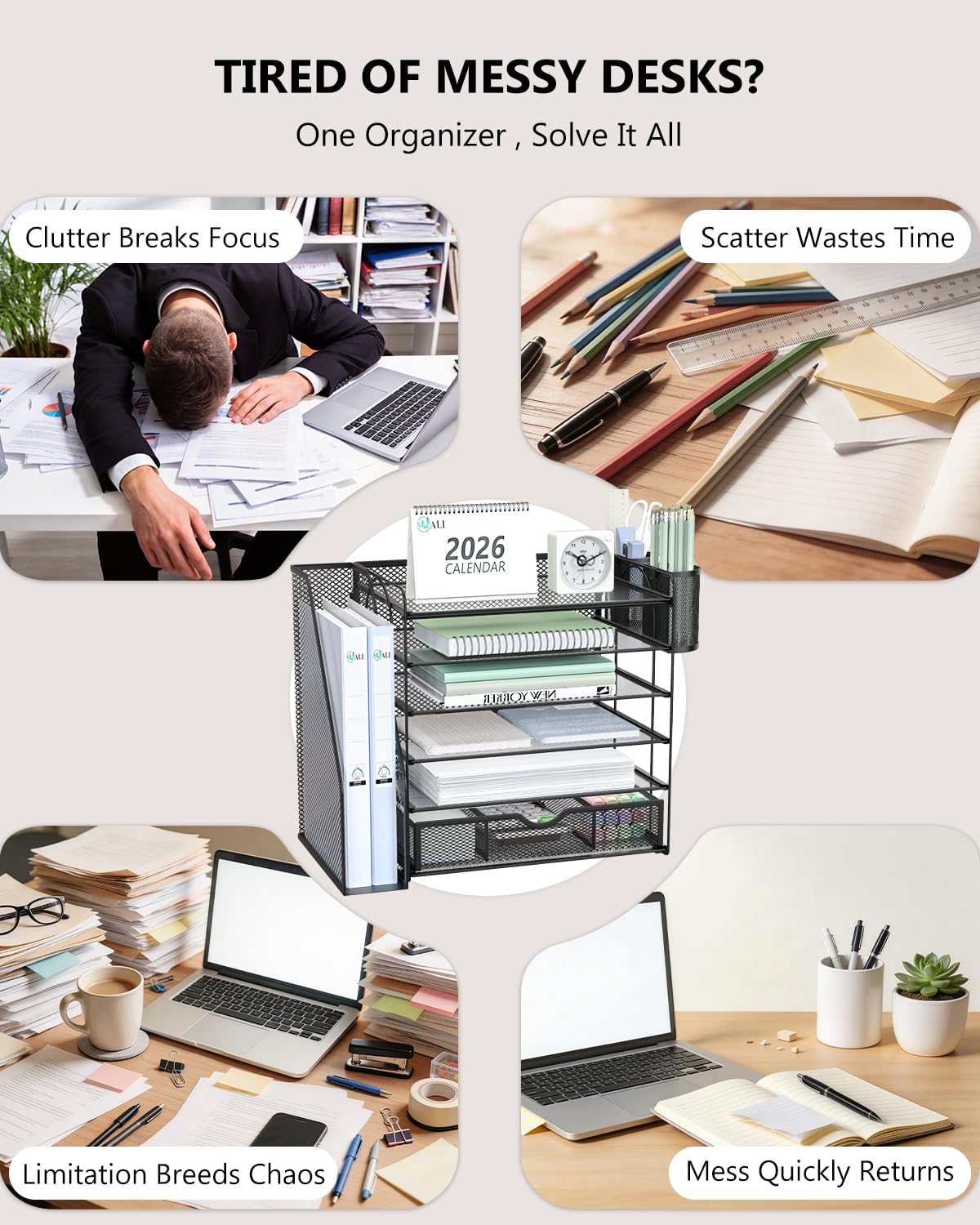 WALI Desk File Organizer, 6 Tier Desktop Paper Letter Tray Organizer with Drawer and 2 Pen Holders, Office Desk Accessories & Workspace Organizers for Office, Home Supplies(DO007DH-B), 1 Pack, Black view 3