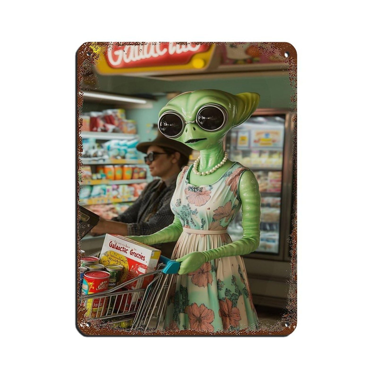 Lxwnze 30L X 40W Cm Alien Grocery Shopping,Retro Sci-Fi Home Tin Sign Vintage Metal Pub Club Cafe Bar Home Wall Art Decoration Poster Retro 12X16inch(30X40cm)