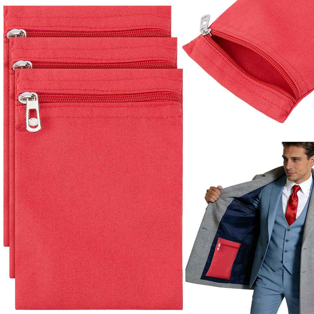 BENECREAT 3 Packs Sew in Side Pocket with Zipper, 20x12.5x0.2cm/7.9x4.9x0.08 Inch Canvas Cloth Hidden Pocket for Jackets Sweatshirts Travel Accessories, Red