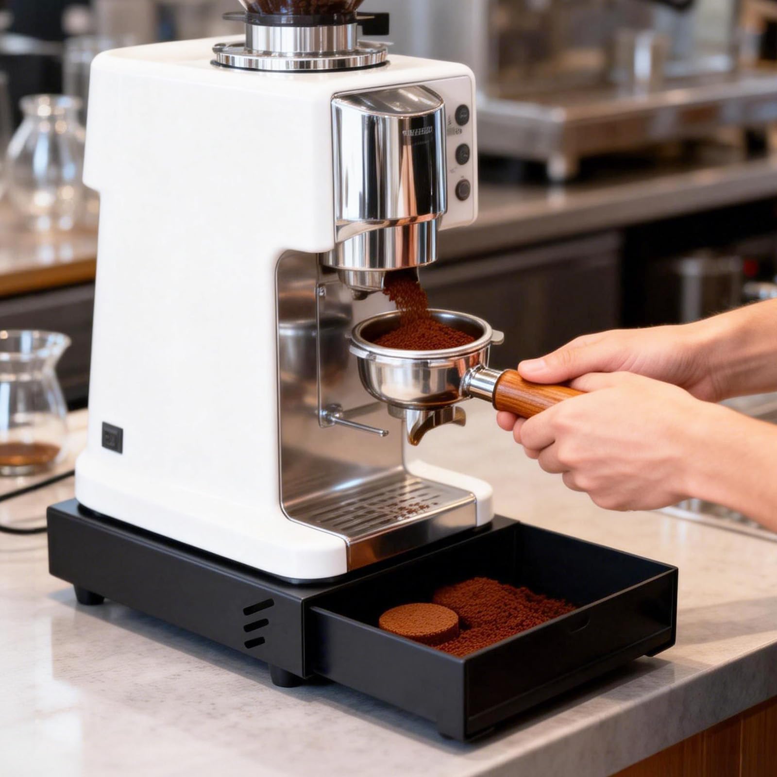 Tiroir Marc de Café, Boîte à Marc à Café, Knock Box avec Tiroir Amovible, pour Machines Espresso, Nettoyage Facile, Usage Café, Maison, Bureau, 18 x 28 x 5 cm