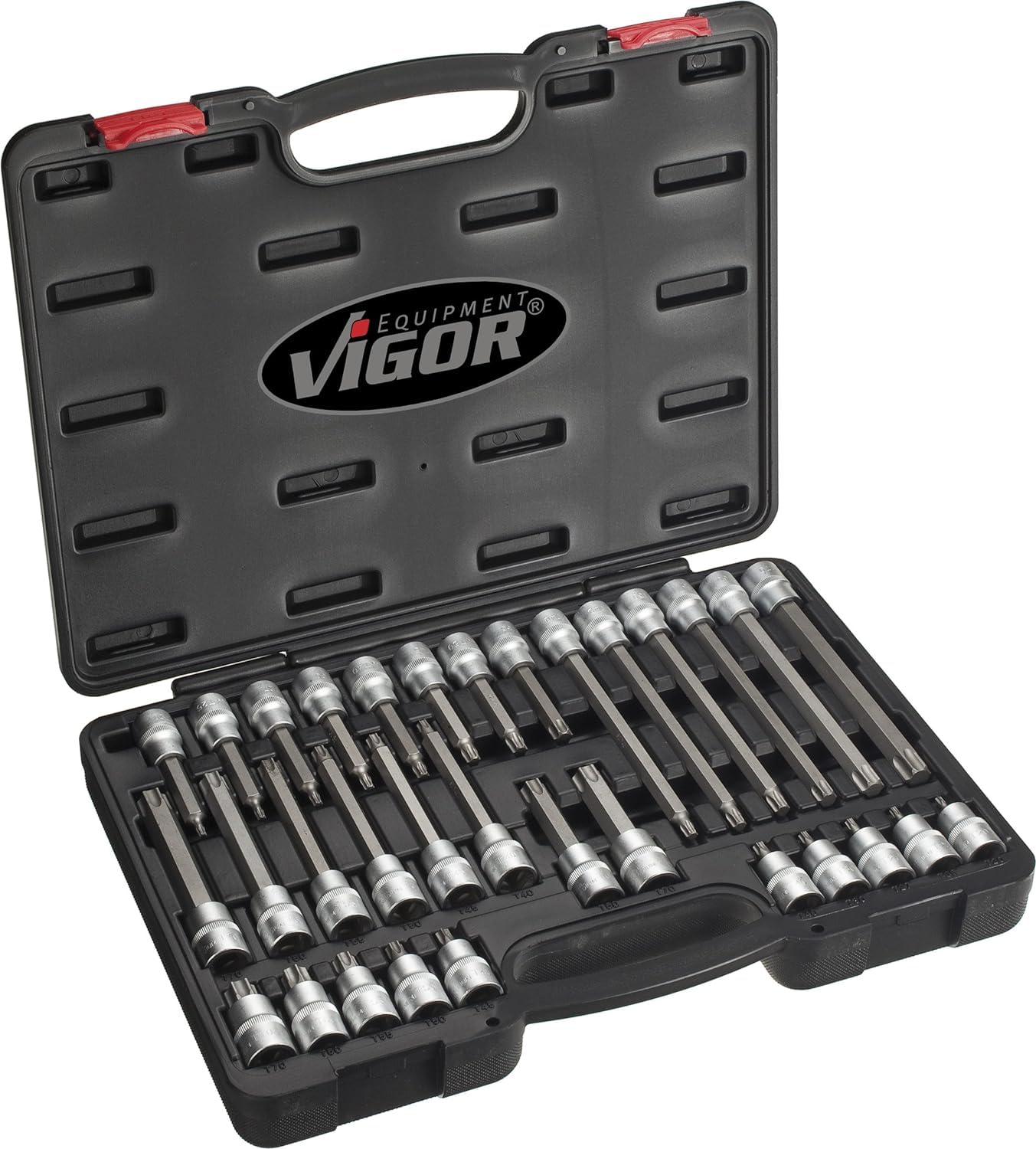 Hazet Juego de puntas de destornillador Torx V1917, Juego de herramientas de 32 piezas, accionamiento: cuadrado 12,5 mm (1/2 pulgada), salida: perfil T con ancho de llave: T20-T70