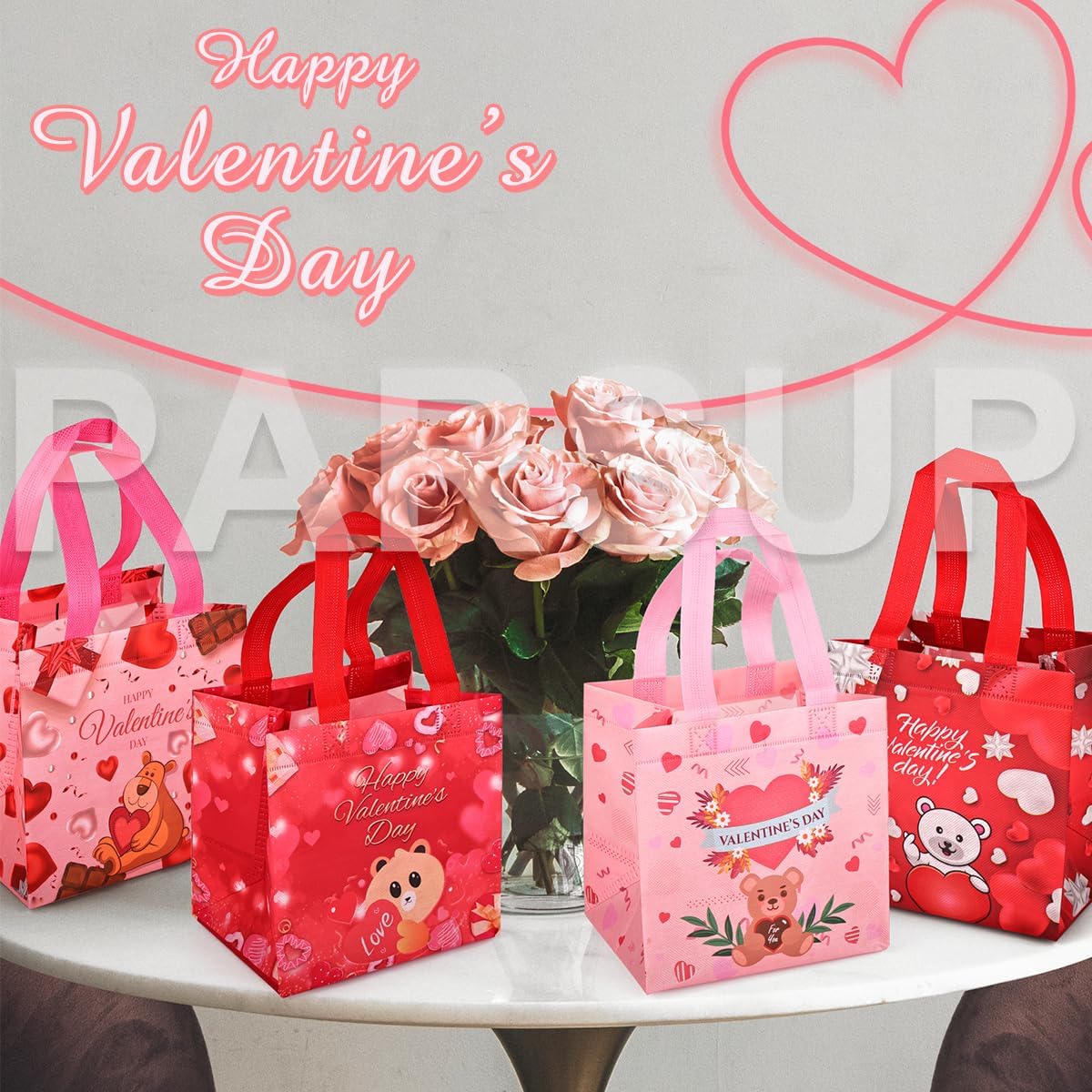 4PCS Happy Valentines Day Reusable Gift Bags, Treat Bags with Handles, Valentines Day Party Bags, Multifunctional Non-Woven Valentines Bags for Gifts Wrapping, Valentines Party Supplies, 7.9 × 7.9 × - Image 5
