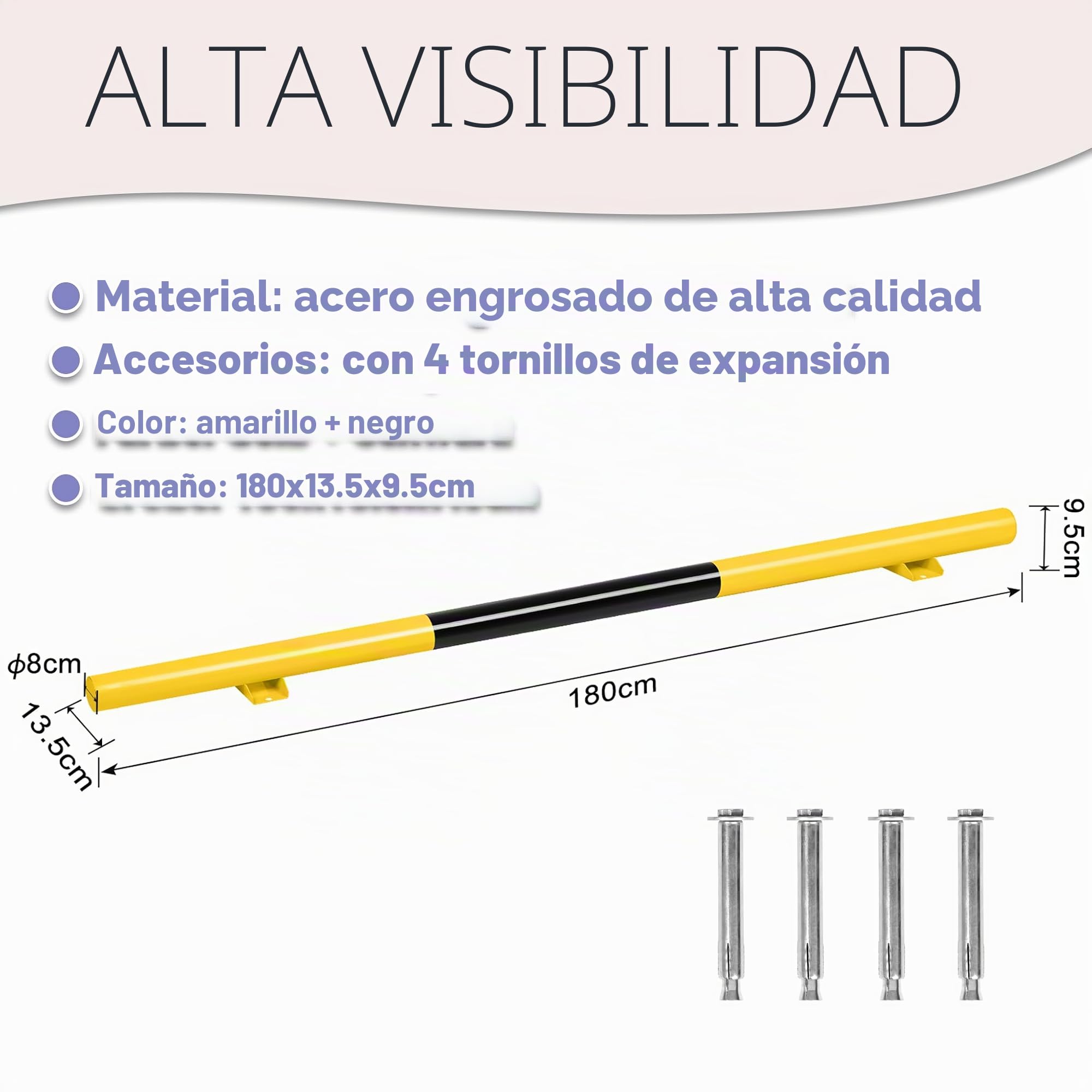 Froadp 1 tope de rueda de bloqueo de aparcamiento de 180 cm, ayuda de aparcamiento para coche, de acero grueso, con 4 tornillos de expansión, accesorio para garaje, para aparcamientos y garajes