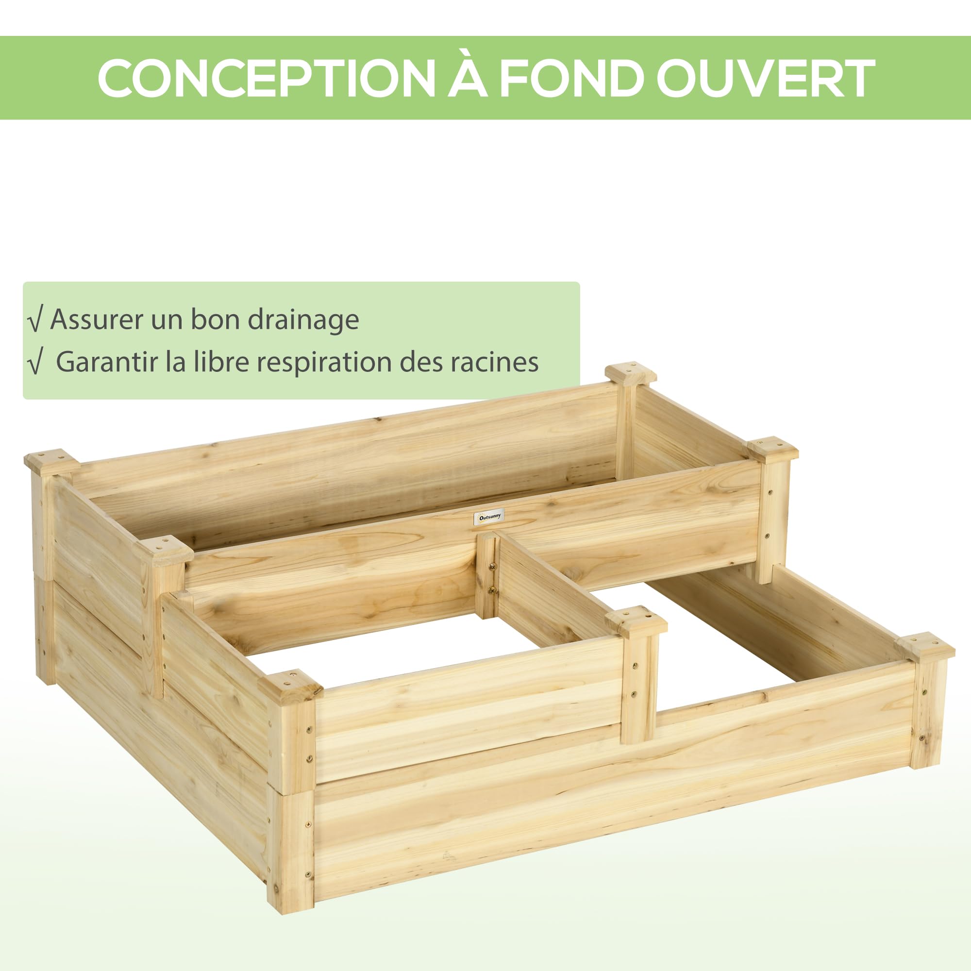 Outsunny Carré Potager en Bois, jardinière extérieure en escalier, 3 Niveaux, Zones séparées, Design sans Fond, 108 x 88 x 36 cm, Bois Naturel