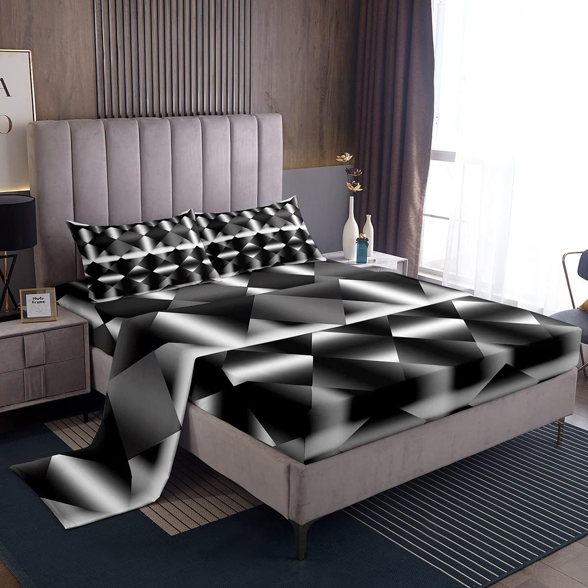 jejeloiu Triangle Sheet Set Black Grey Geometric Diamond