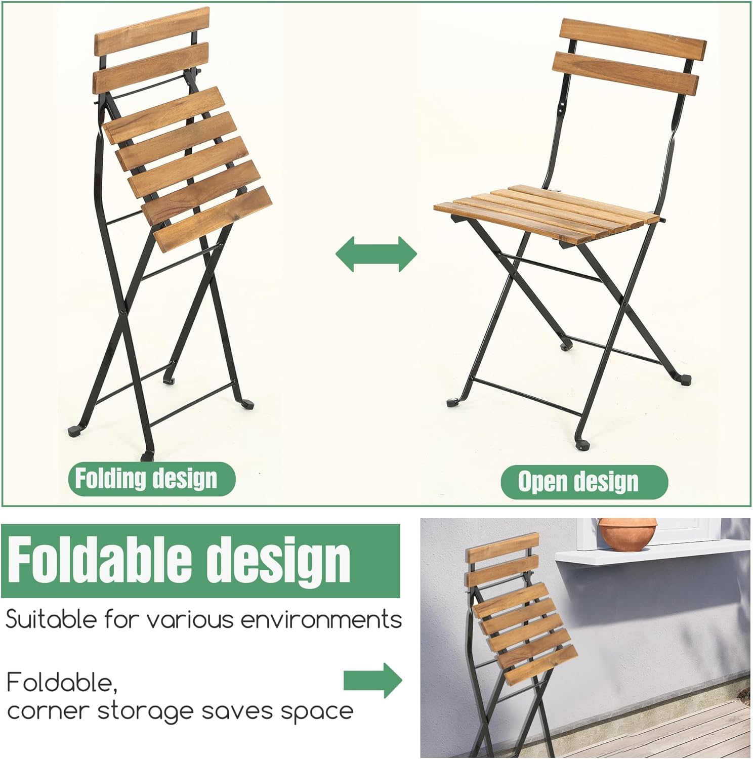 PayLessHere 3 Pieces Bistro Set Outdoor Furniture Sets 2 Folding Chairs and Table Steel Frames and Weather-Resistant Wood Portable Design for Bistro & Balcony (Natural)