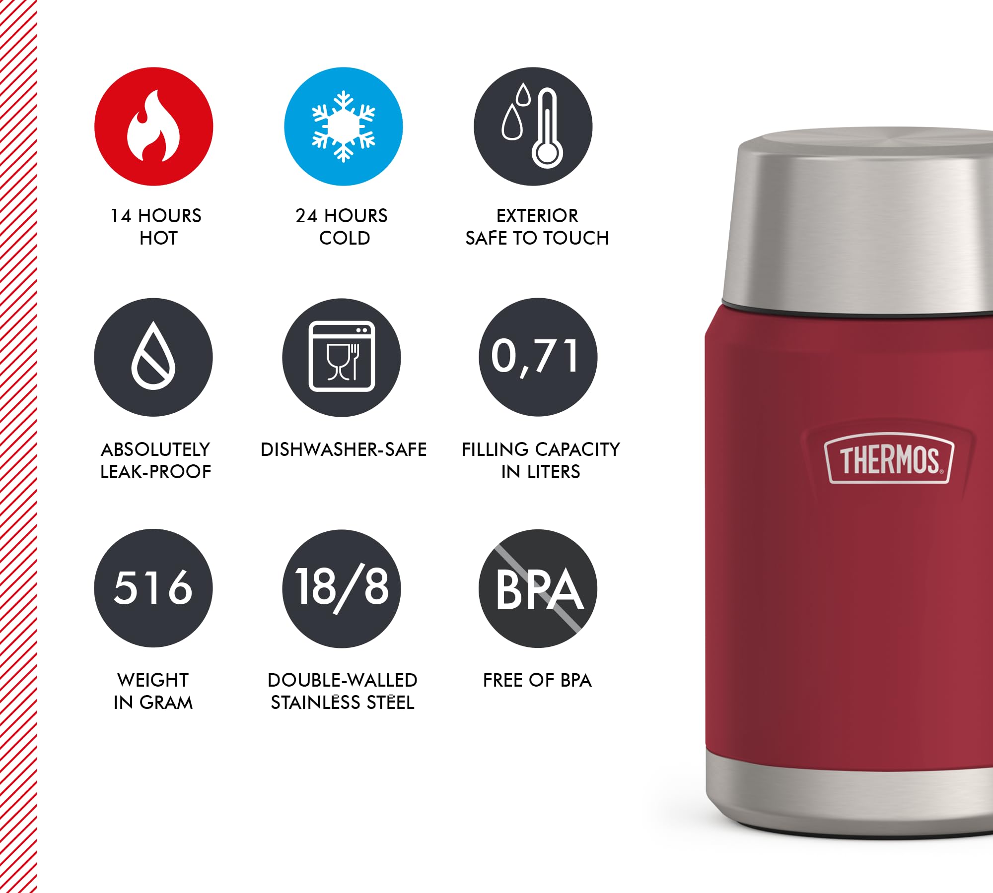 Thermos ICON Food Jar 0,71 l, rosso/bacca mat, contenitore per cibo 710 ml, in acciaio inox 18/8 a doppia parete, mantiene caldo e freddo, con cucchiaio pieghevole, fondo antiscivolo, assolutamente