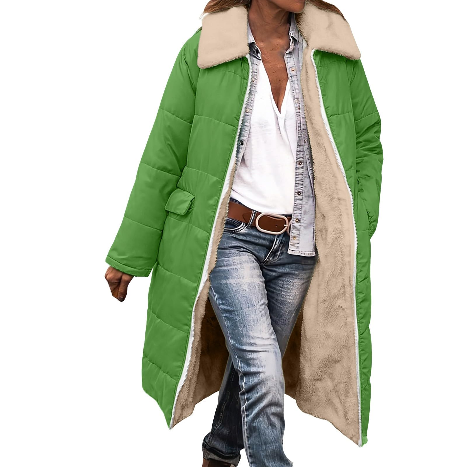 Bukknye Women's Green Winter Jackets For Uk Fleece Lined Down Jacket Sherpa Shearling Lapel Warm Longline Trench Coat Thermal Cosy Outerwear Overcoat With Pockets