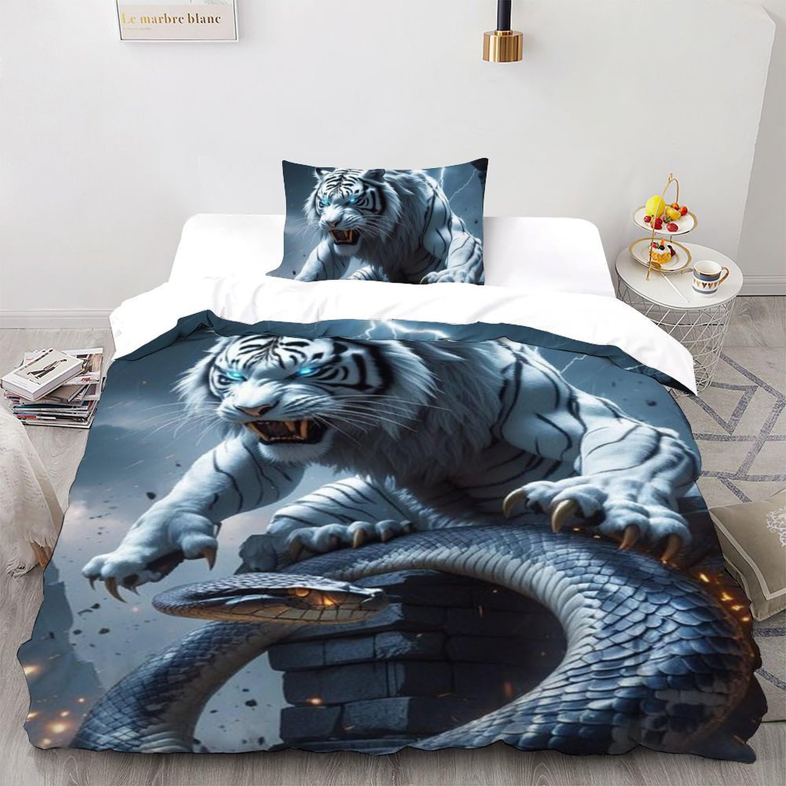 Housse de couette tigre blanc et serpent 135x200cm, idée cadeau idéale pour lit enfant fan d'animaux