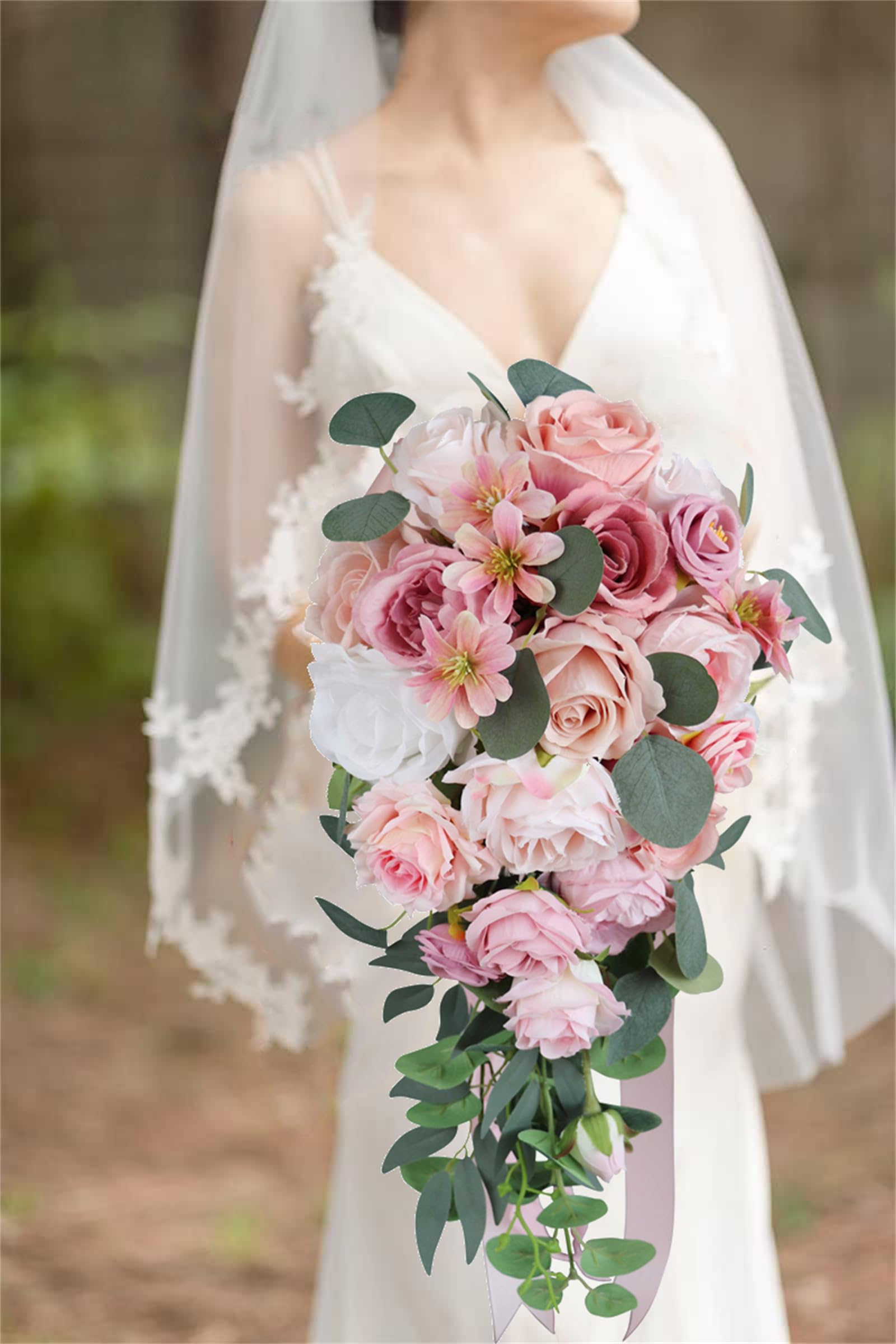 CHAKEUZND Bridal Wedding Bouquets， 8.7 Inch for Bride Dusty Pink, Roses Waterfall Bridal Bouquet Romantic Cascading Bride Holding Flowers for Wedding Ceremony