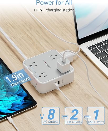 Miniatura 9 de Protector de sobretensiones de 10 pies, 8 salidas de CA, 3 cargadores USB (1 puerto USB C), cable de extensión plano delgado de 10 pies, enchufe