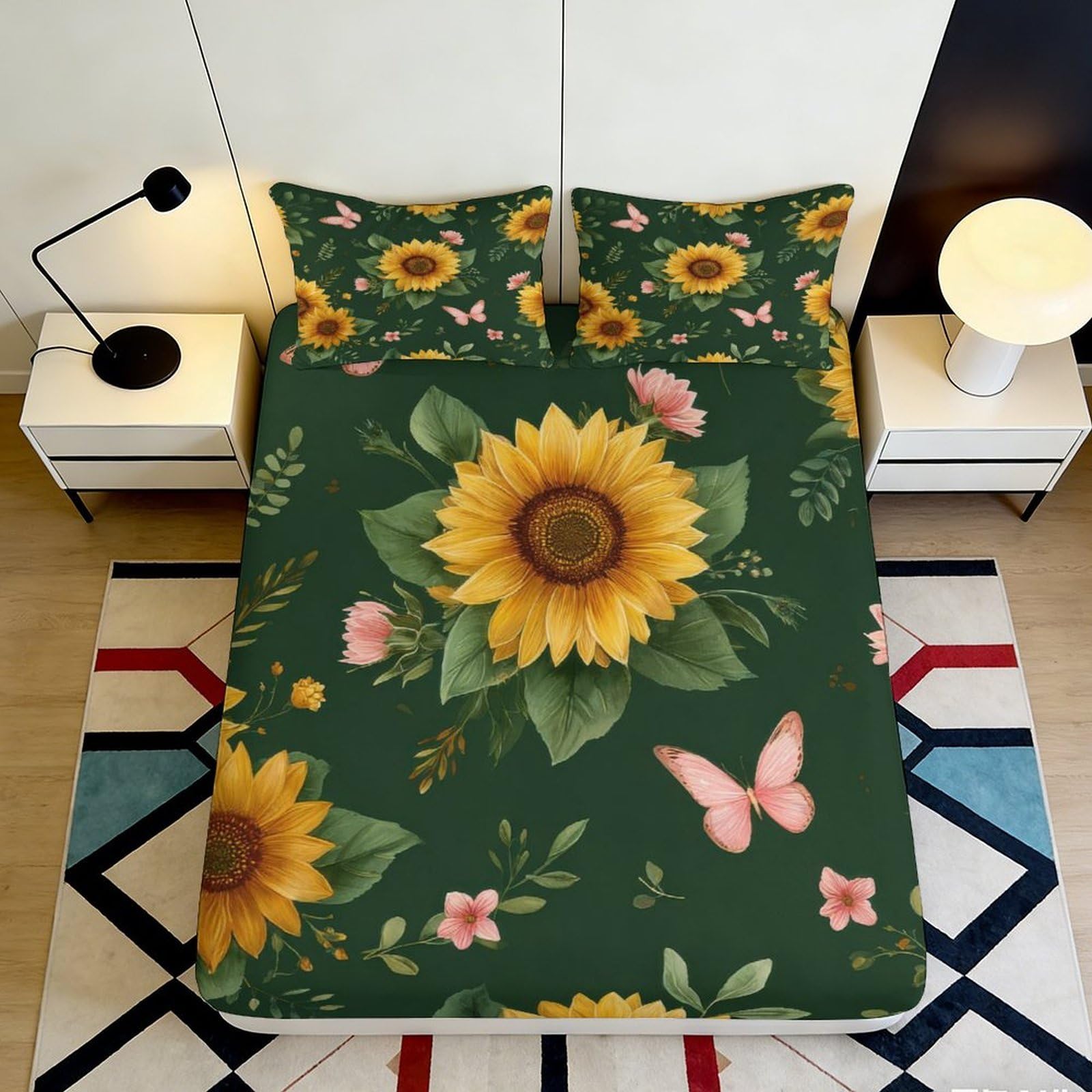 3D Printed Sunflower Fitted Sheet Microfiber Soft Breathable Floral Butterfly Bed Cover for Bedroom Dormitory Guest Room Mattress Protection Decor 200x200x25cm