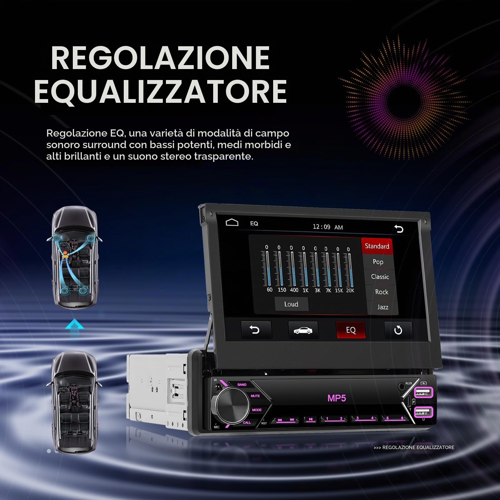 Autoradio 1 Din con Schermo Manuale Retrattile 7 Pollici Touch Bluetooth Mirror Link Cablato per iOS/Android - Controllo Volante, FM Radio e USB Type-C per Veicoli Standard