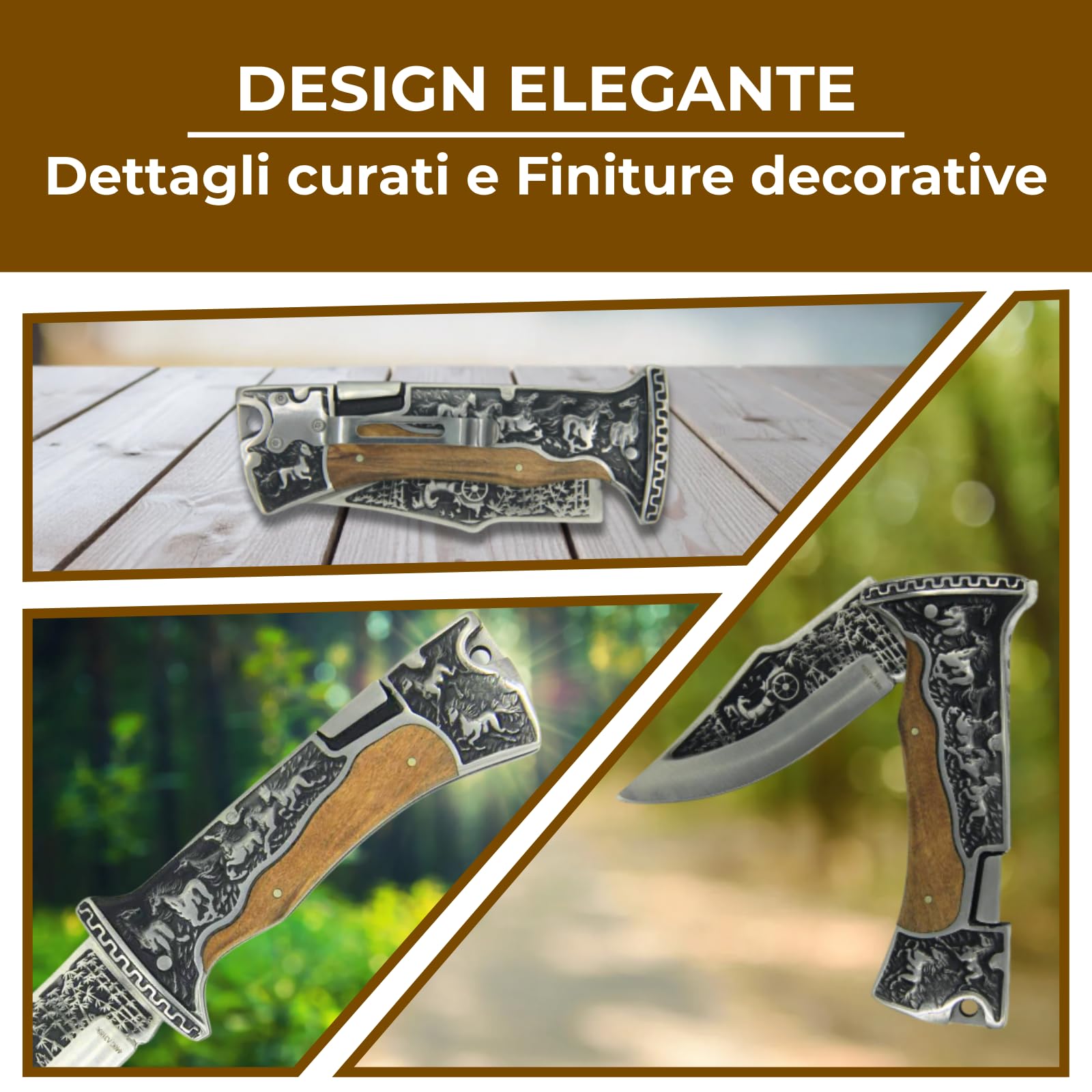 Generico Coltello Pieghevole Tascabile con Manico Effetto Legno, Design Elegante e Decorativo con Cavalli, Compatto e Leggero, Ideale per Uso Quotidiano, Outdoor Leggero e Idea Regalo Uomo
