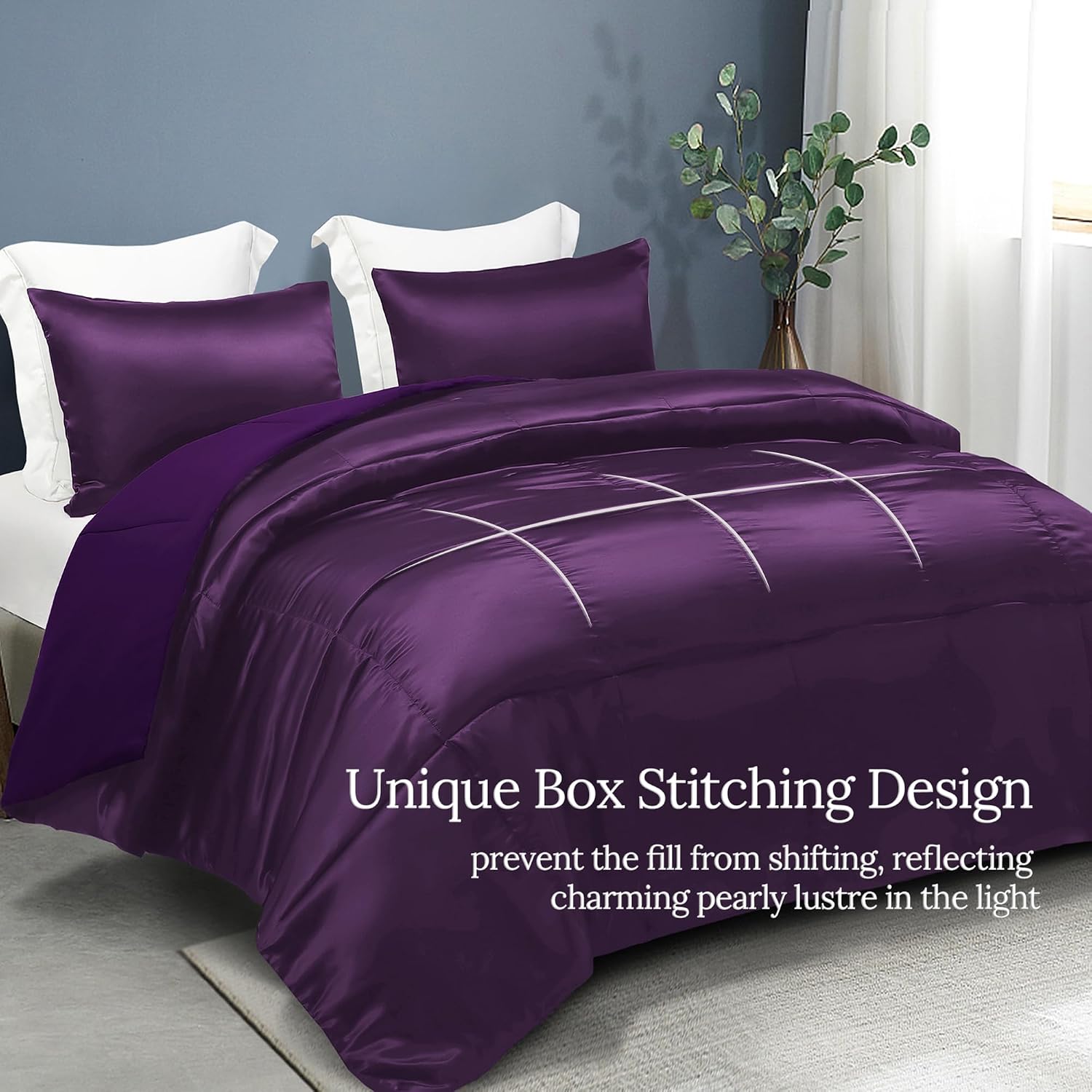 whale flotilla 3-piece reversible silky soft queen comforter bedding set, luxurious satin comforters full size with 2 satin pillowcases, lightweight duvet for all seasons, purple purple full/queen(88"x88")