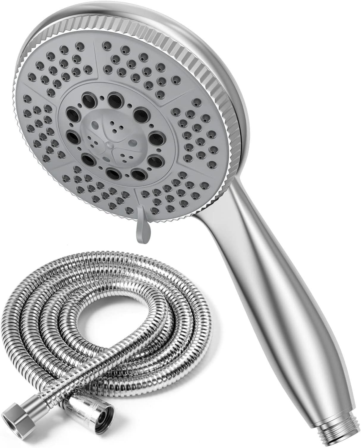 Vinabo Alcachofa de ducha + 1,5 m flexible de ducha de acero tubo, 5 funciones de chorro, ducha multifunción de alta presión, ABS cromado, rociador de ducha antical, alcachofa con boquilla, Plata