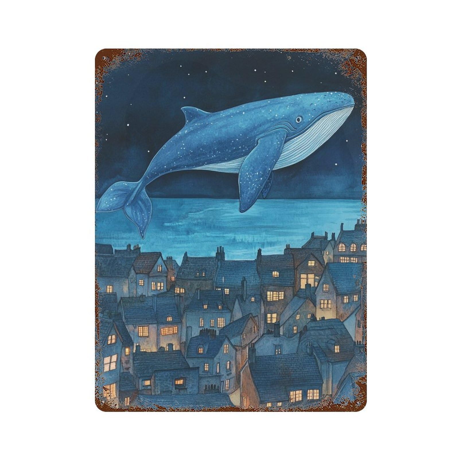 Whale Flying Over Town 15.7"x11.8" Rustic Tin Plaque, Retro Wall Decor for Garage, Bar And Workshop Decor