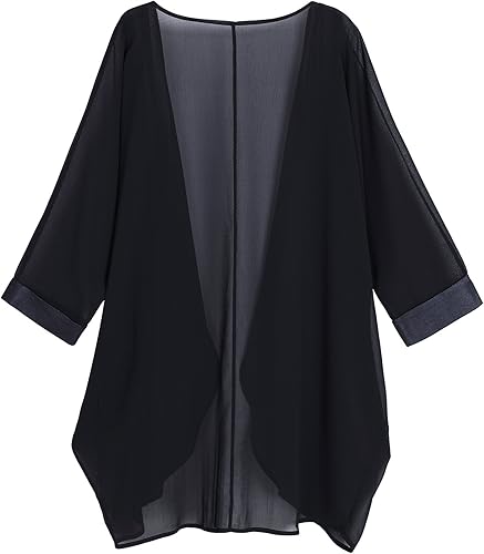 Miniatura 3 de olrain Cárdigan Kimono Suelto Casual para Mujer con Estampado Floral de Gasa Transparente con Mangas 34 de Murciélago tipo Capa