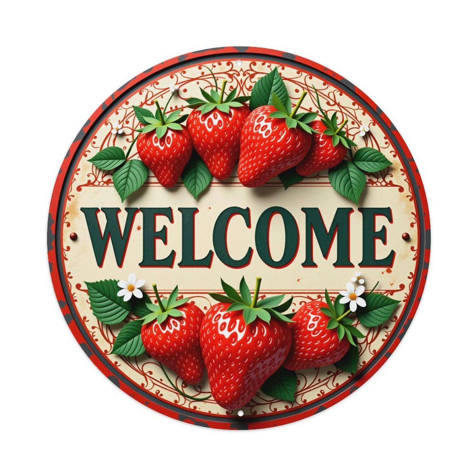 Strawberry Pattern With Welcome Text And Leaves Round Vintage Tin Sign,Retro Wall Art,Metal Poster for Home, Bar, Garage, Cafe, Rustic Indoor & Outdoor Decor, 8x8 Inches