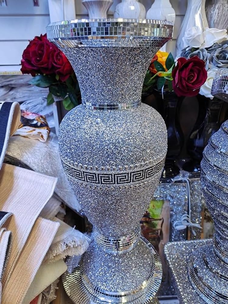Deenz Floor Vase 3 Large 40X60Cm Crushed Diamond Crystal Sparkly Silver Mirrored Floor Vase Border