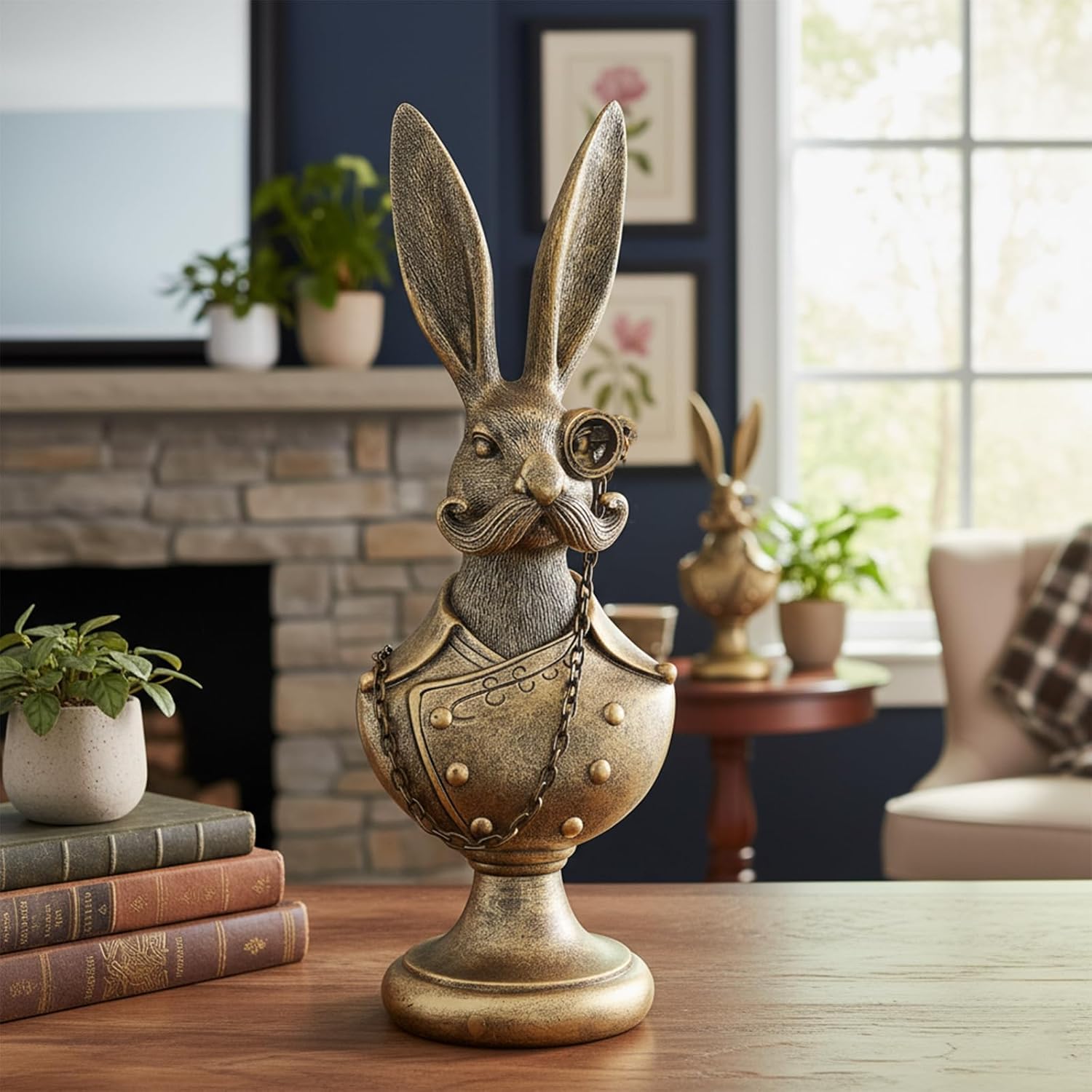 Vintage Animal Statue, Gold Resin Rabbit Bust Figurine with Glasses & Suit, Bunny Sculpture, Easter Decorations, Retro Office Desk Decor for Home Living Room, Creative Gift for Animal Lovers