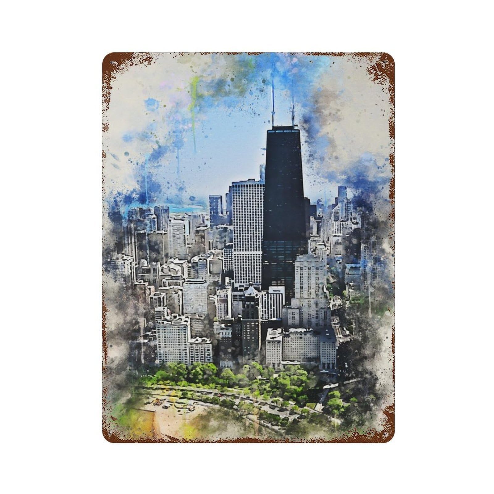 Chicago in Watercolor Distressed Metal Wall Sign 15.7"x11.8", Industrial Home Decor for Garage, Pub Or Kitchen