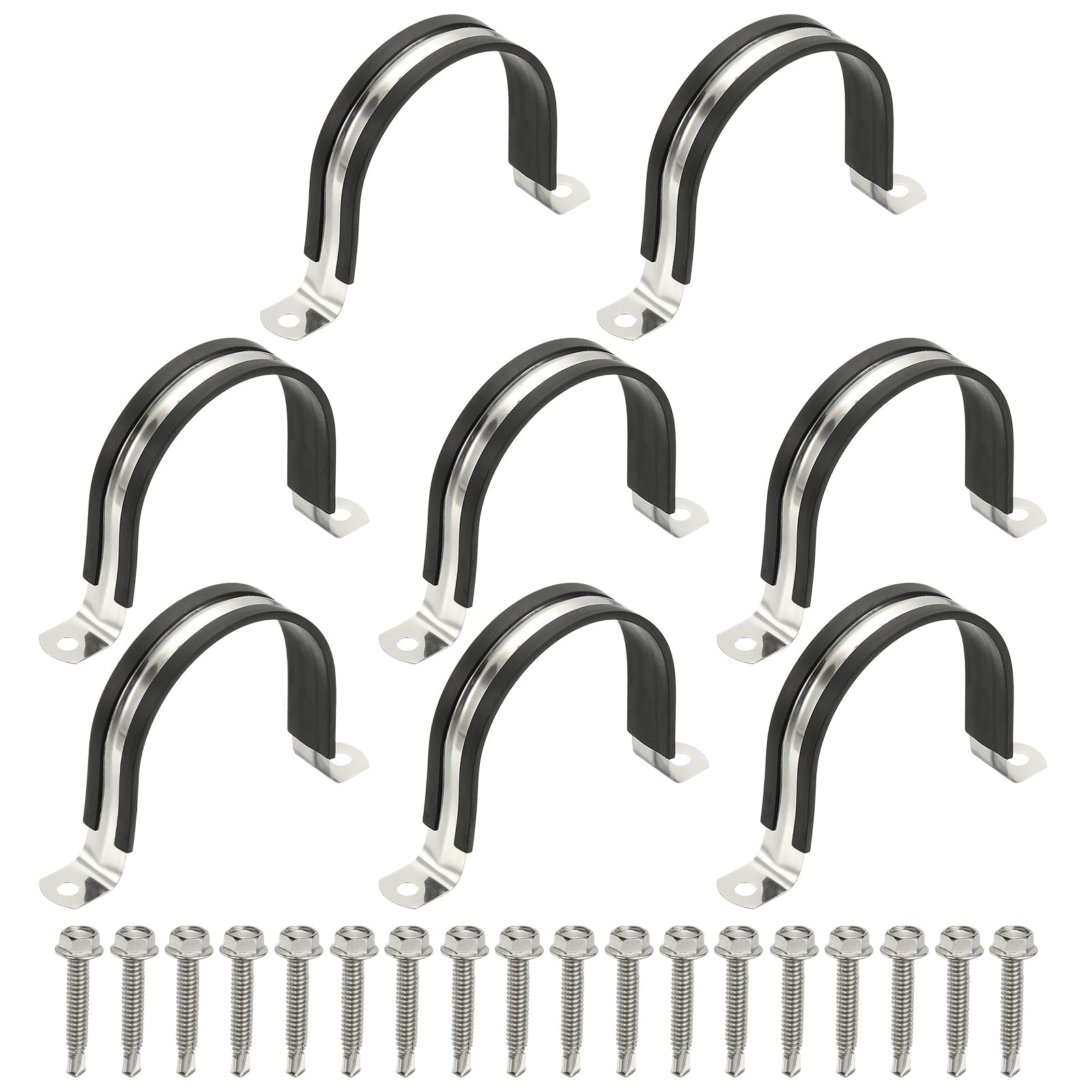 PATIKIL 8Pcs Pipe Clamps, 3 Inch 304 Stainless Steel Rubber Cushioned U Bracket Conduit Clamps Pipe Strap Wire Clips with Hexagonal Screw for Tube Hose Cord Installation, 77mm