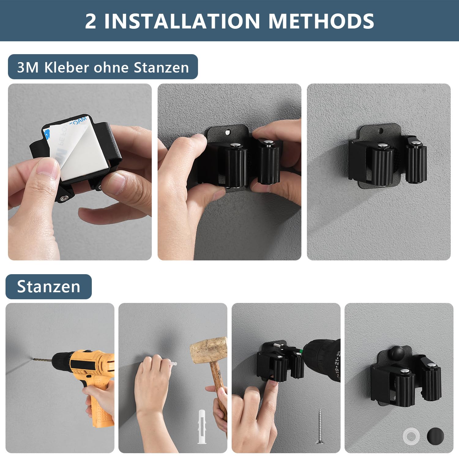 PIQIUQIU 6 supporti per scopa da parete, con vite, in acciaio inox ad alte prestazioni, mocio e porta scopa, per la pulizia della biancheria, bagno, cucina, garage (nero)
