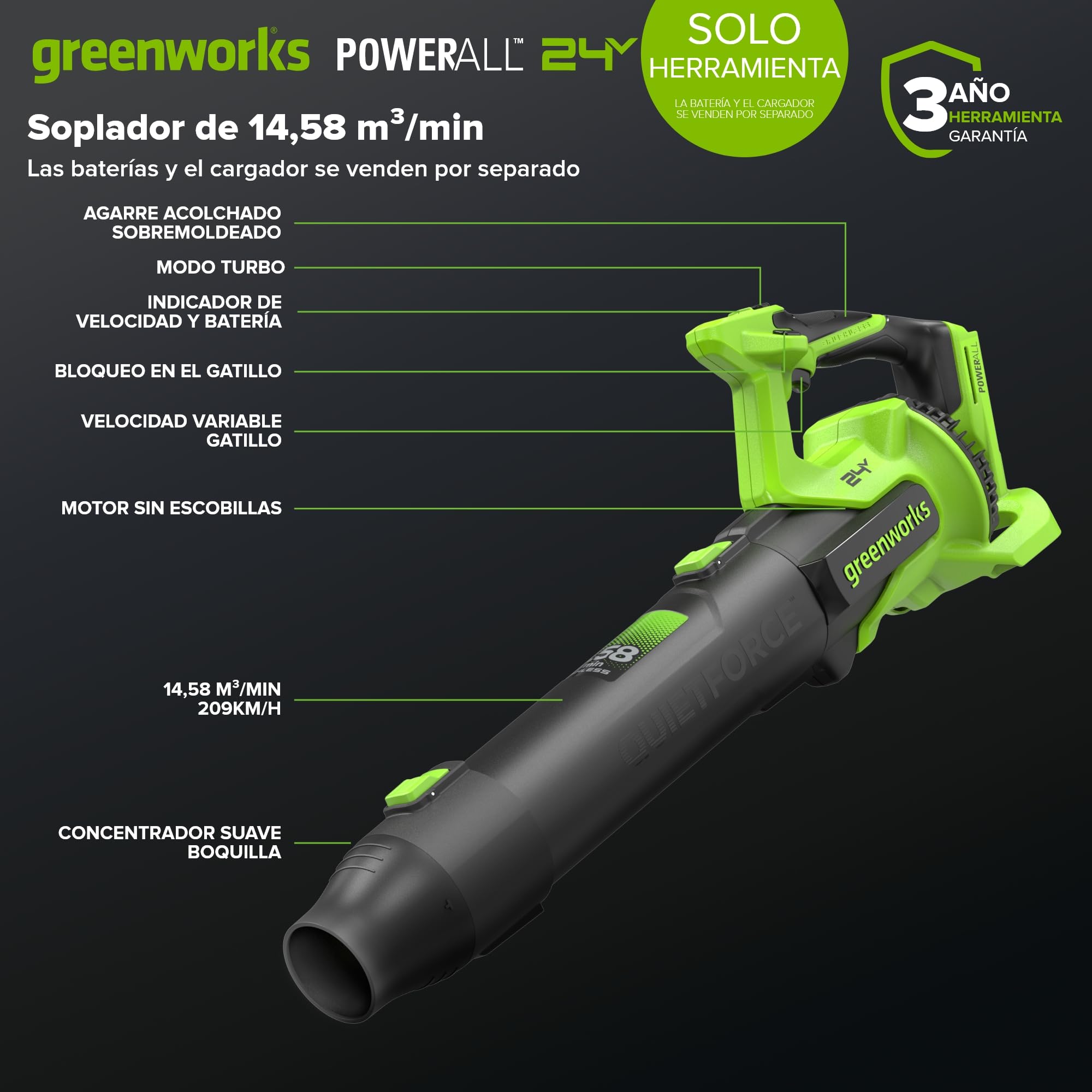 Greenworks Soplador de Hojas 24V Premium, Motor Sin Escobillas, 14,58 m³/min, 209 km/h, Tecnología QUIETFORCE, Control de Crucero – Solo Herramienta BL24515A1