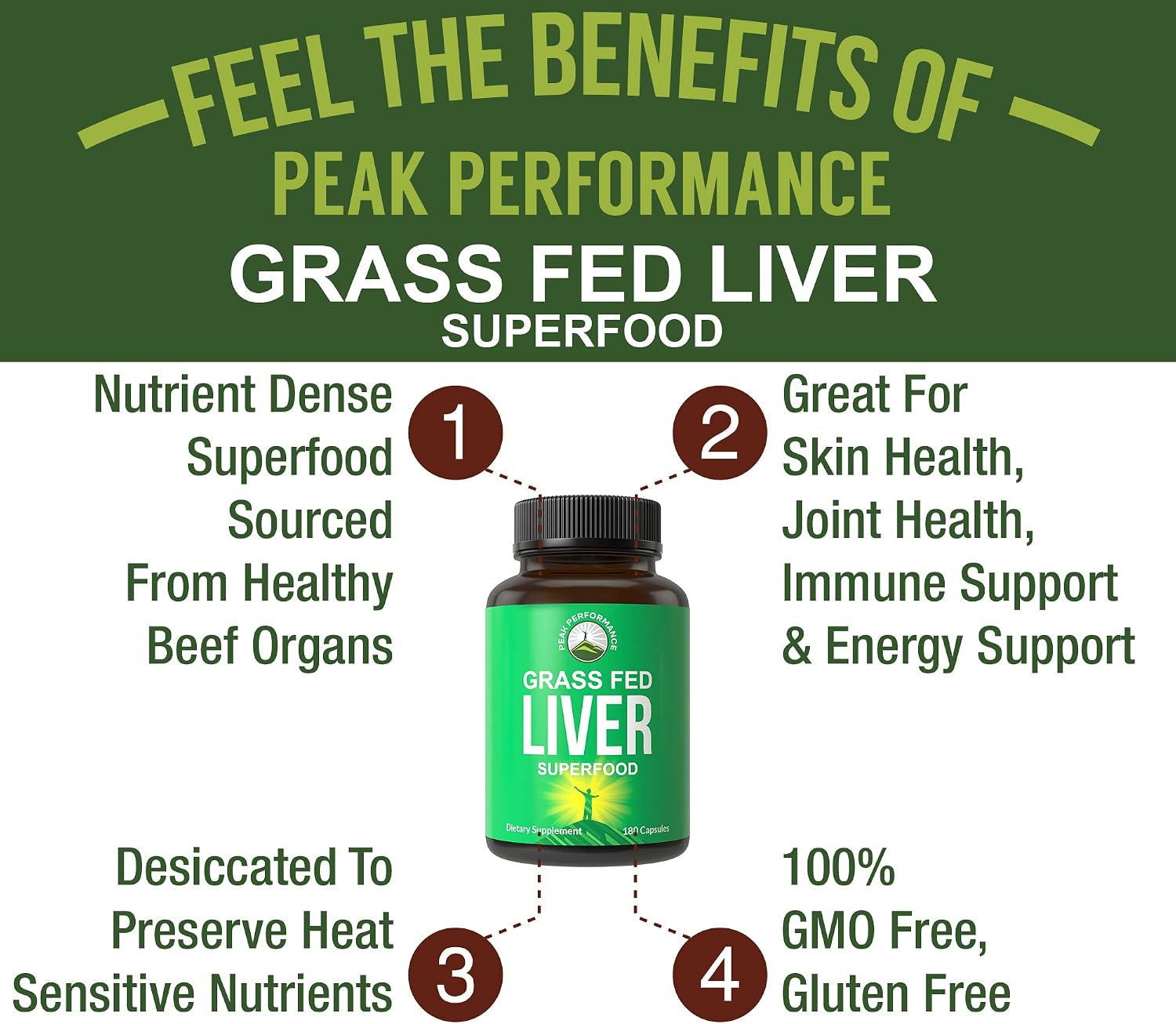 Grass Fed Desiccated Beef Liver Supplement by Peak Performance. 180 Capsules of Grassfed Liver Superfood Pills Contains Natural Iron, Vitamins, Amino Acids. Great for Immune Support