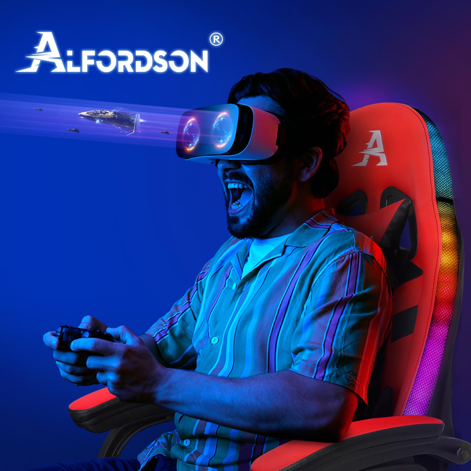 ALFORDSON LED Chaise Gaming, Siege Gaming avec Massage 8 Points, Fauteuil de Gaming Pivotant Ergonomique avec Éclairage RVB avec Support Lombaire et Appui-Tête, Hauteur Réglable, Rouge
