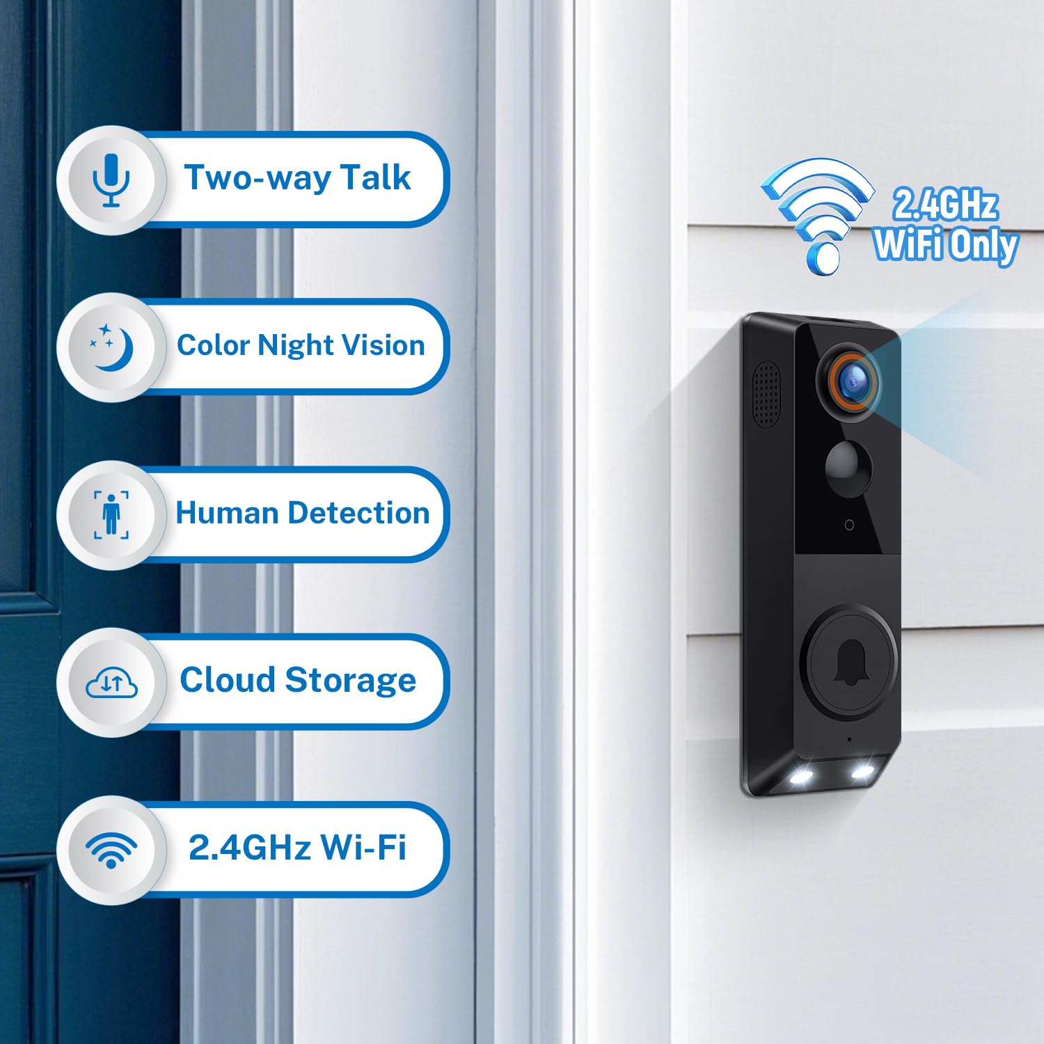 Timbre inalámbrico Wi-Fi de 1080p con receptor de timbre, funciona con pilas, detección humana IA, visión nocturna a color, conversación bidireccional, almacenamiento en la nube