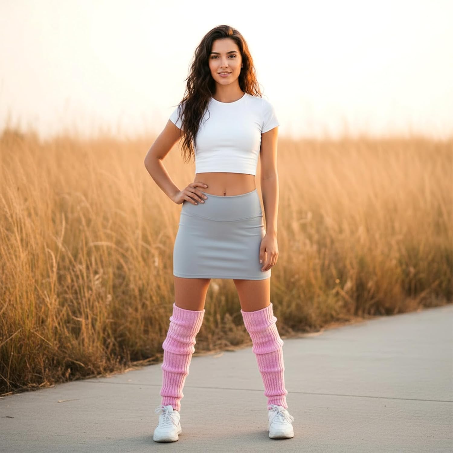 1 Pair Hot Pink Leg Warmers 80s Women, Fashion Ribbed Knit Striped Leg Warmers for Girls, Ankle Warmer Socks Fall Winter Gifts, 80s 90s Neon Accessories for Y2k Party Yoga Dance Sports (15.75"×2.75")