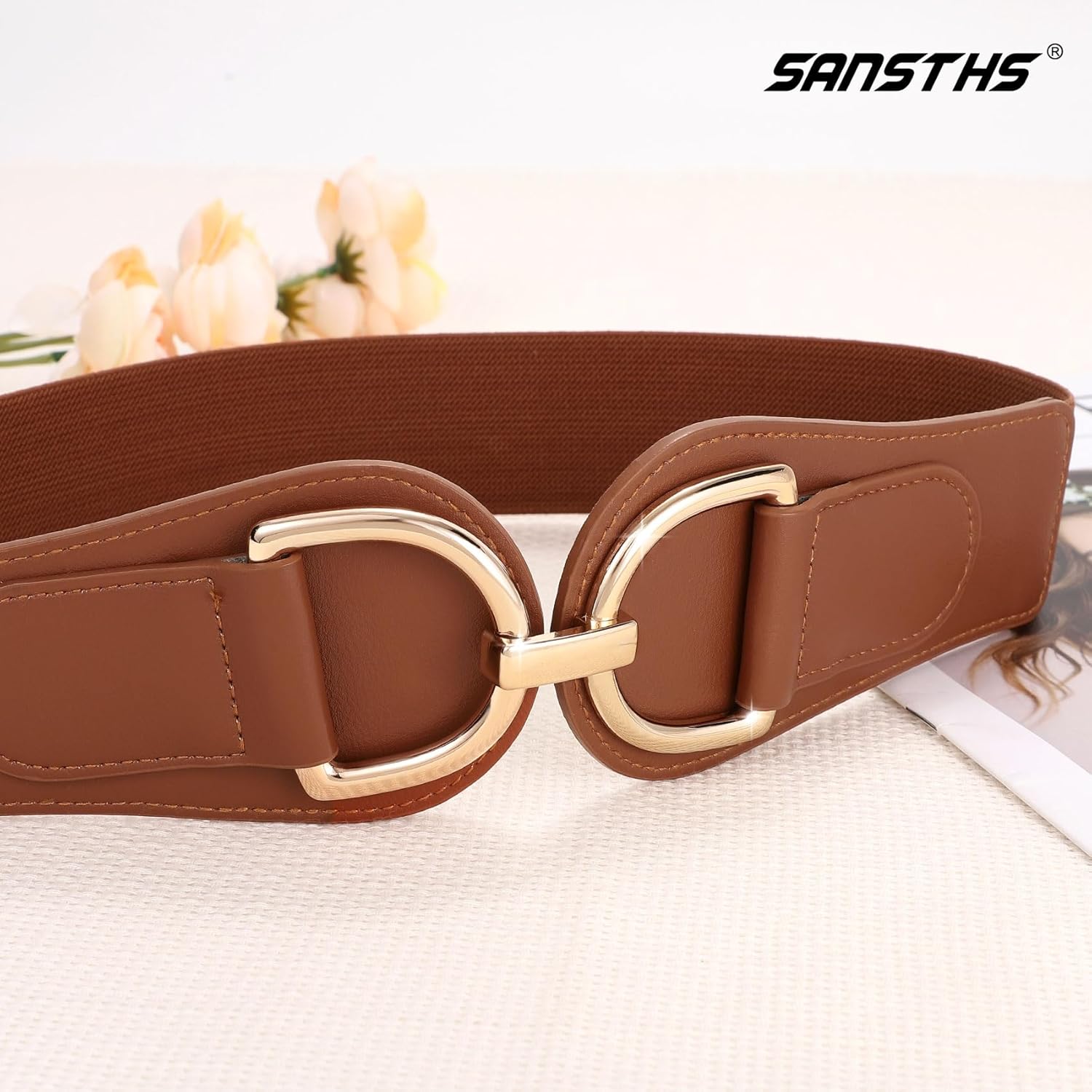 SANSTHS Vintage Women Stretchy Wide Belt Chunky Buckle Elastic Wide Waist Belts for Dresses Coats - Image 3