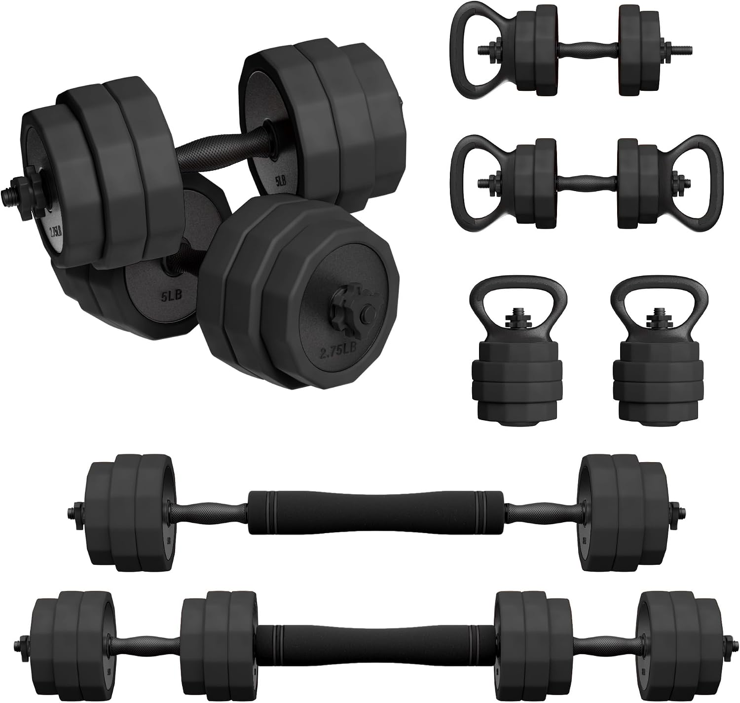 Adjustable Dumbbell Set,25/45/65lbs - Double-nut Fastening - 5 in 1 Free Weights as Barbell, Kettlebells, Push up Stand for Home Gym Men Women