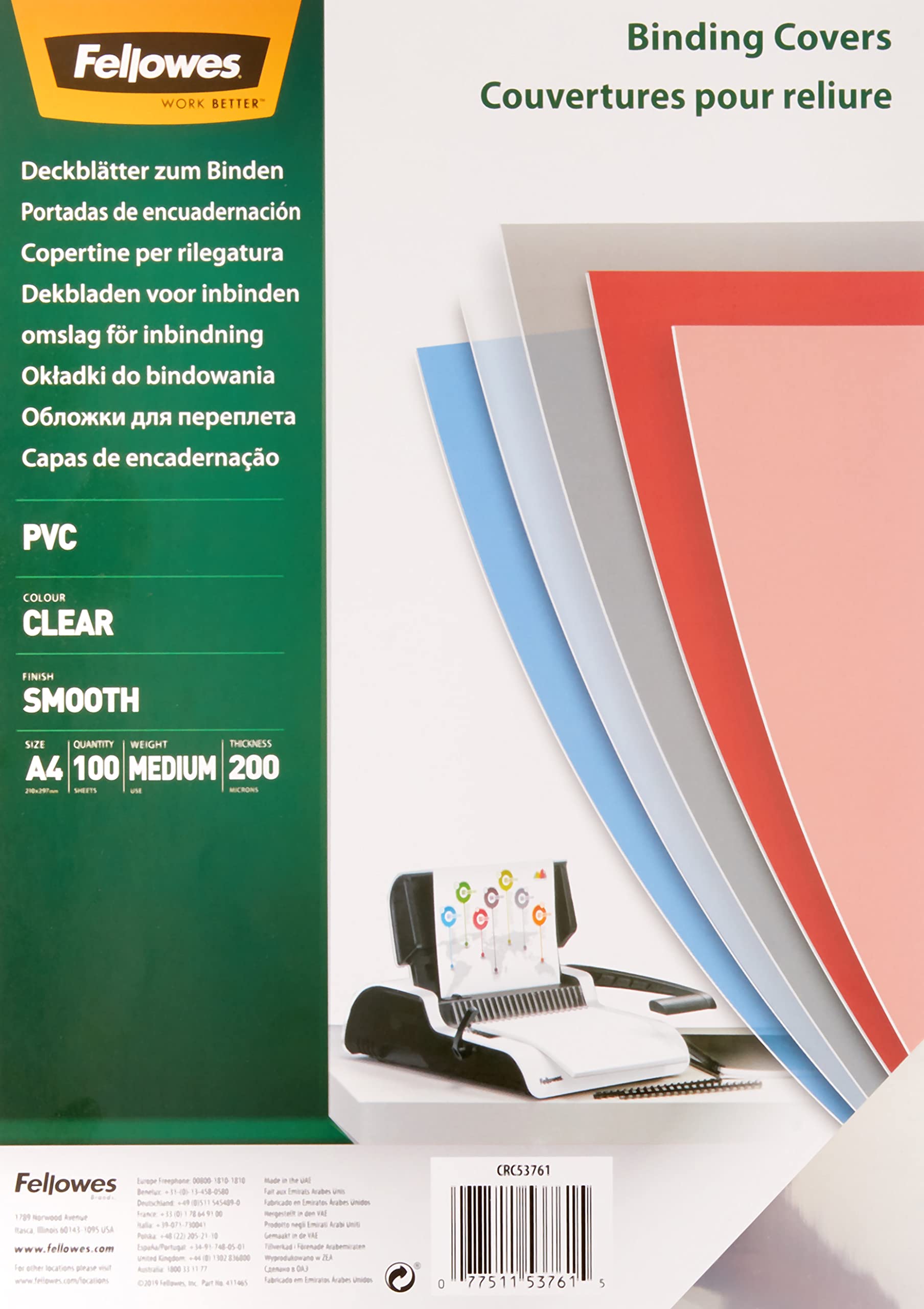 Fellowes 5376102 Klarsicht Deckblatt aus PVC, A4 Format, 200 mic Stärke, transparent, Pack mit 100 Stück & 5346108 Binderücken für Plastikbindung, 10 mm Durchmesser, 21 Ringe,schwarz, 100 Stück