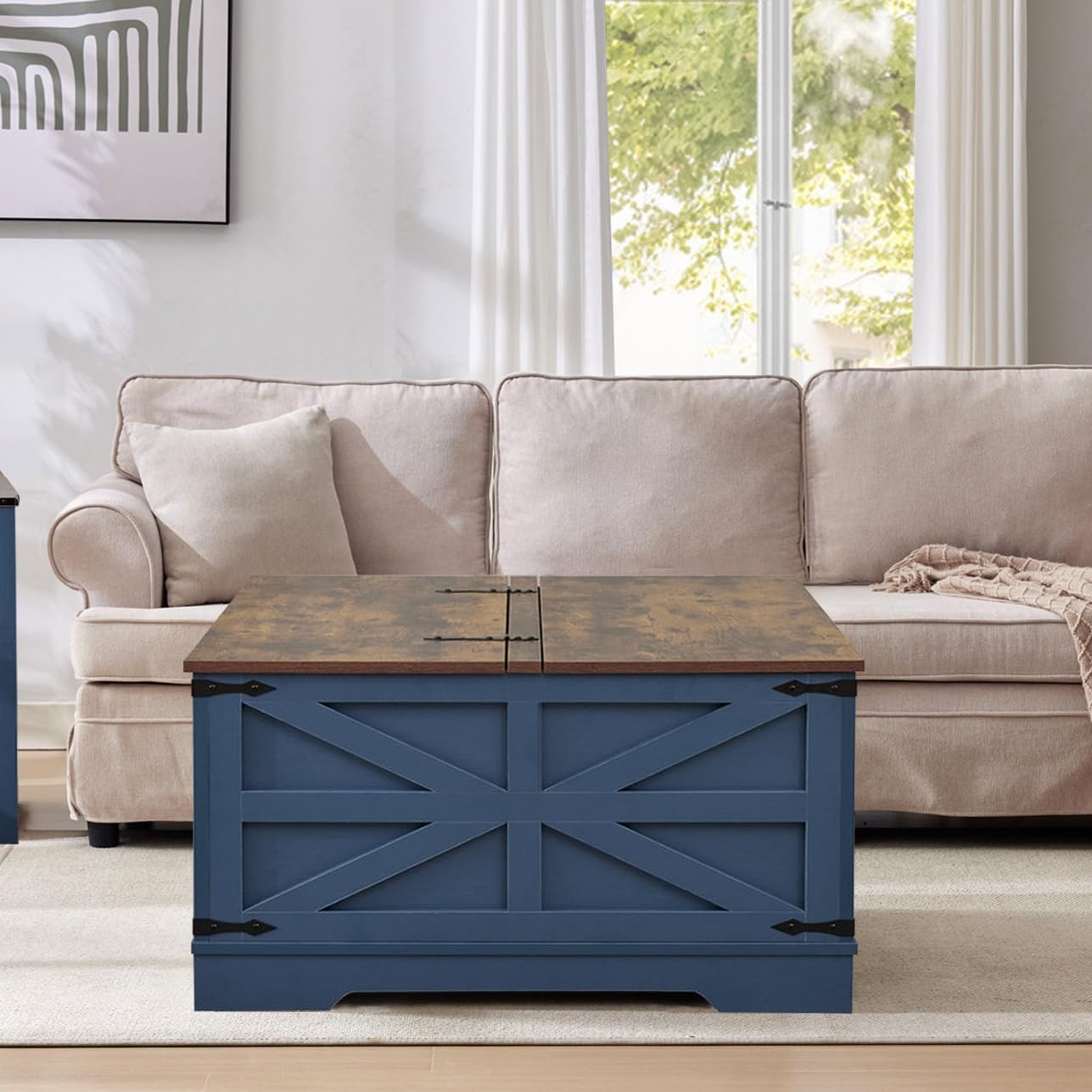 Farmhouse Coffee Table with Large Hidden Storage Rustic Square Wooden Center Table with Hinged Lift Top Metal Edges