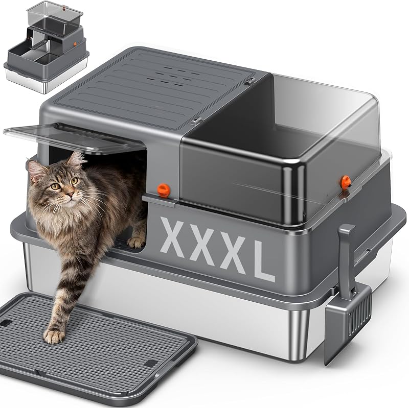 Caixa de Areia Extra Grande para Gatos em Aço Inoxidável com Tampa Avgooscalb G3 – 71,88 x 51,31 x 43,94 cm