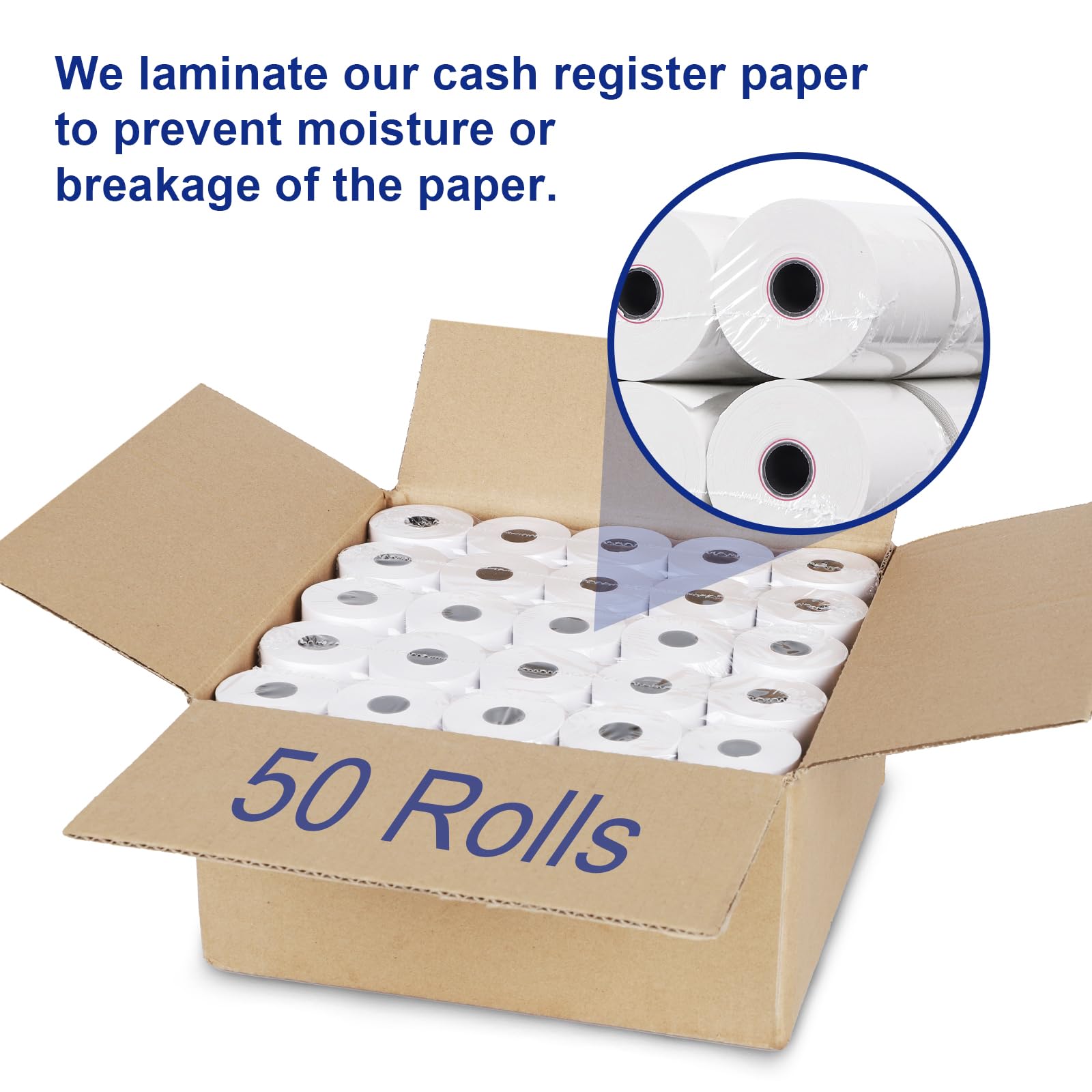 JollyTirp - Papel térmico de 2 1/4 x 50 pies, 48 g/m², sin BPA, 50 rollos de papel de impresora térmica con núcleo de panal compatible con impresoras, caja registradora POS, papel de tarjeta de
