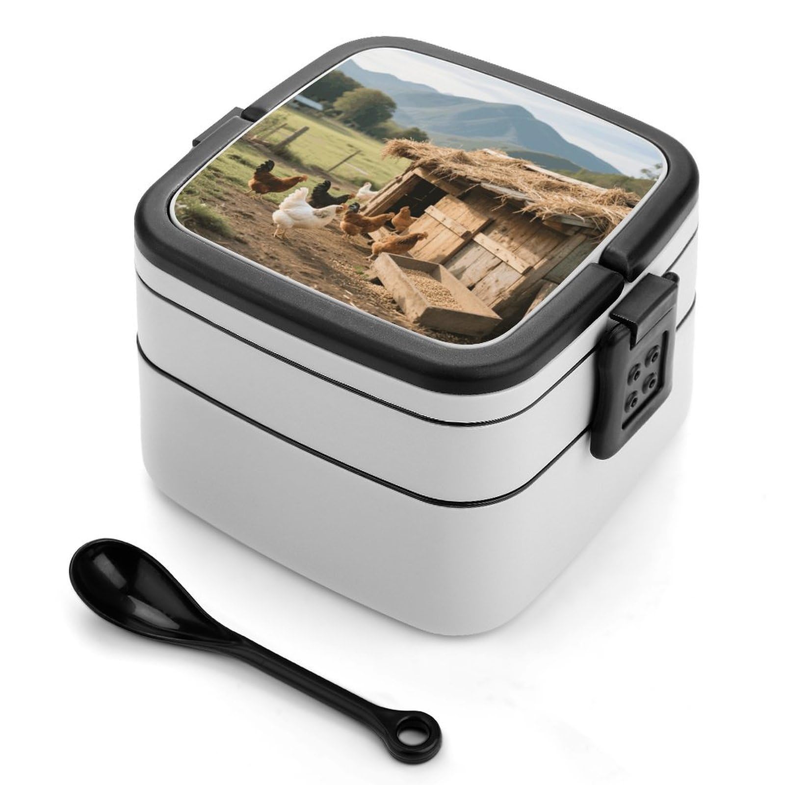 VstaDank Chickens And Hen Bento Box with Compartments Portable Lunch Containers with Spoon Leak Proof Bento Lunch Box Snap-On Design Double-Layer Insulated Lunch Boxes for Work Camping