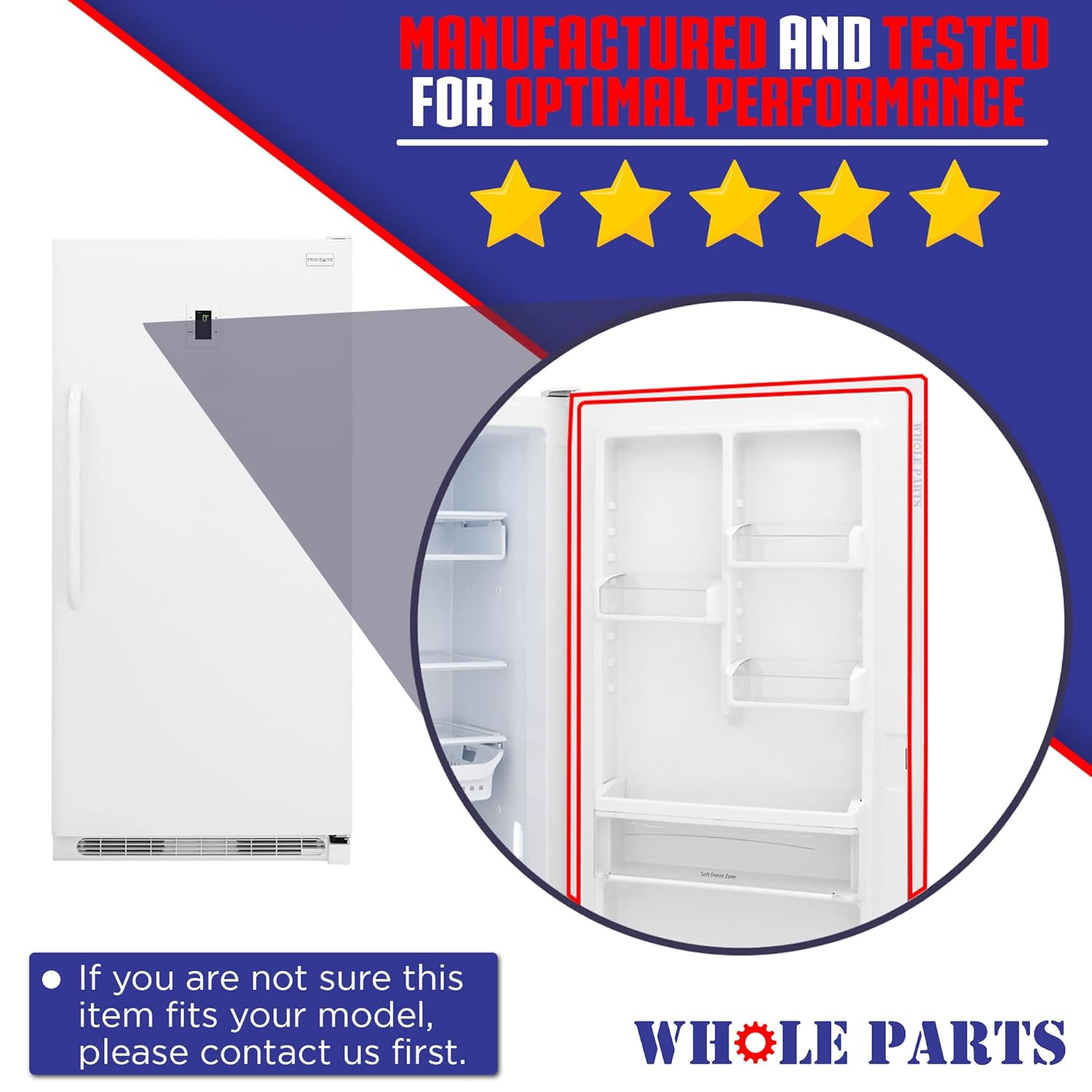 Upgraded Whole Parts Freezer Door Gasket (Magnetic Strip Inside, White) Part# 5304506131 - Replacement & Compatible with Some Crosley, Frigidaire, Tappan and Kenmore Refrigerators and Freezers