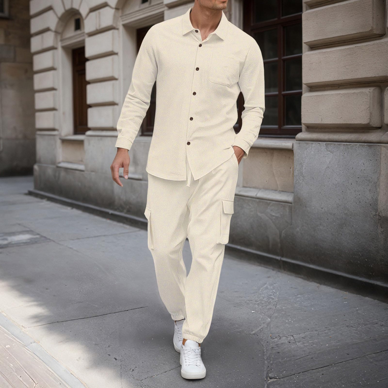 Herren Leinenanzug-Set, lässiges Langarmhemd mit Arbeitshose, bequemes atmungsaktives Outfit, ideal für Alltag, Partys und Urlaub_2