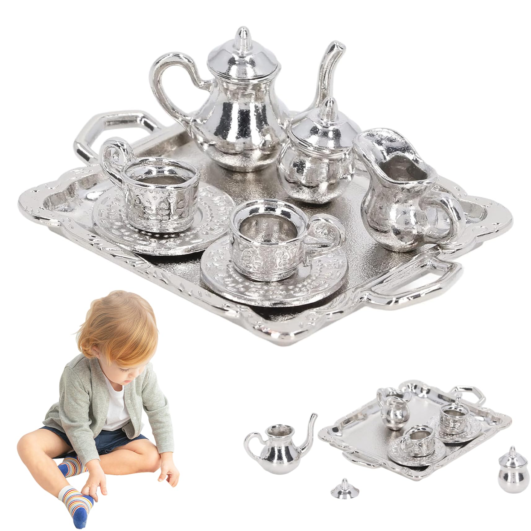 Mini Juego De Té Metal 1/12 - Vintage, Para Casas De Muñecas, Decoración, Incluye Bandeja Y Tazas