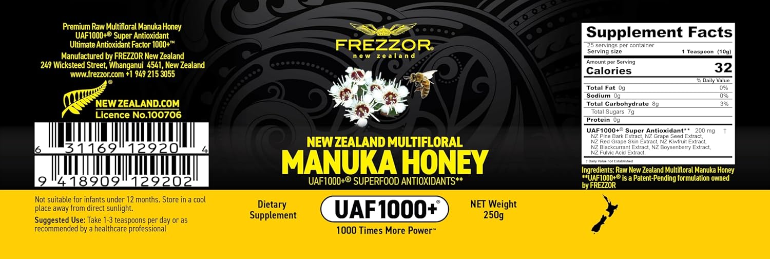 FREZZOR Premium New Zealand Raw Multifloral Manuka Honey with UAF1000+ Super Antioxidant, 230% More Bioactive, Best Support for Everyday Wellness, Antioxidant Superfood, 1 Jar (8.8oz/250g)