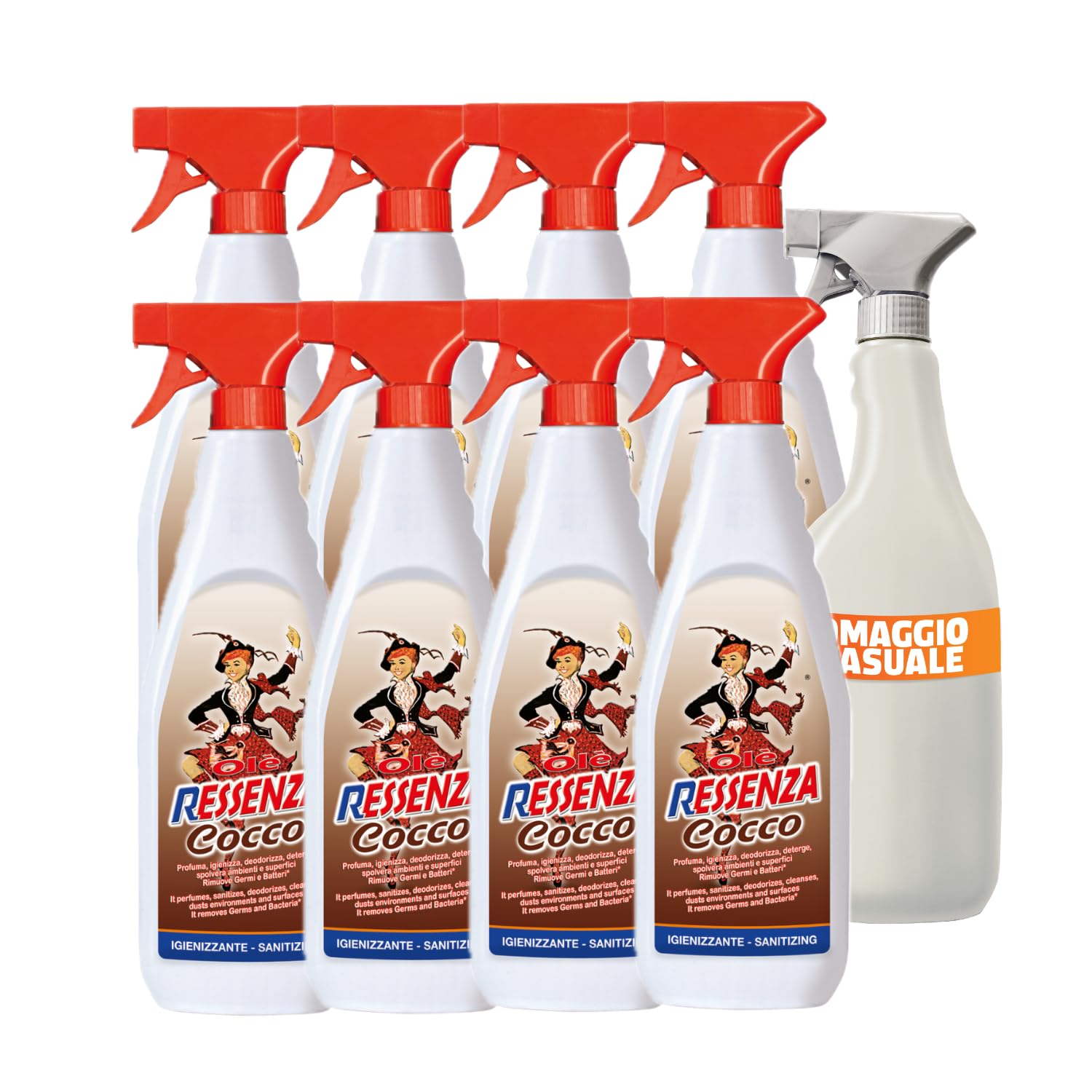 Olè Ressenza Detergente Profumato 750 ml - Profumatore Ambiente 5 in 1 Spray Igienizzante Multiuso per Pavimenti e Superfici - Profuma, Igienizza, Deodorizza, Deterge e Spolvera - Cocco (8 Unità)