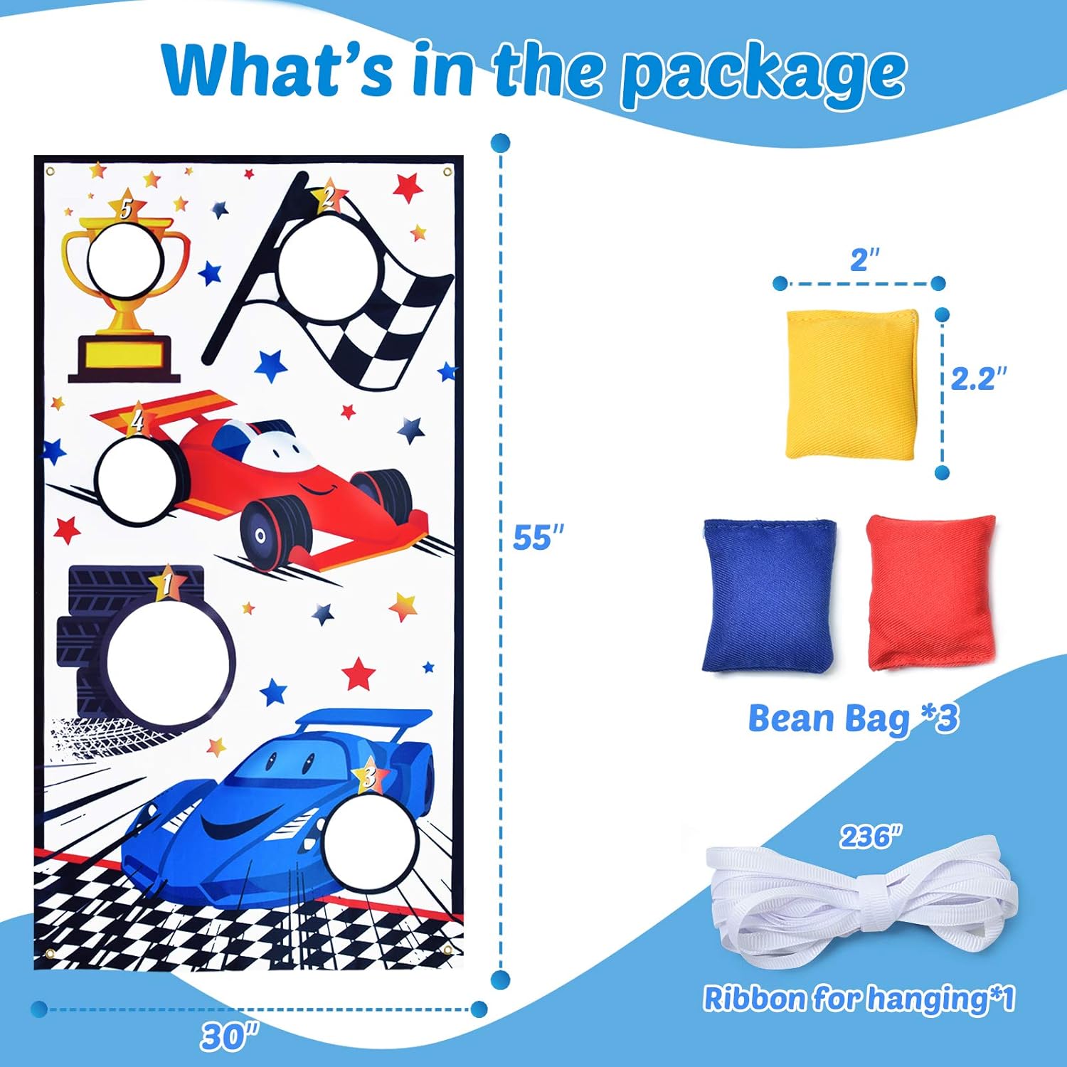 Racing Car Toss Game Banner with 3 Bean Bags - Race Car Theme Party Games Supplies for Kids Birthday Party Favors Bean Bag Game Sets Indoor Outdoor Yard Throwing Games Party Decorations, 55'' x 30'' : Toys & Games
