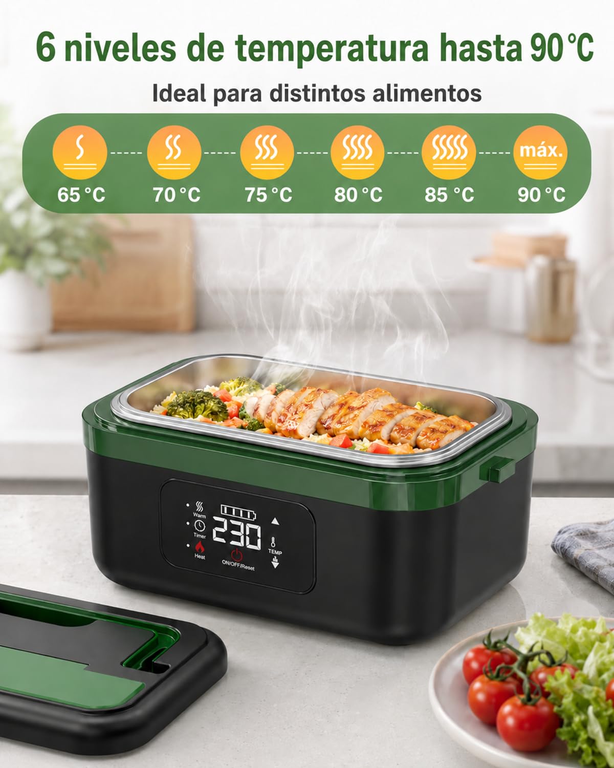 LANMOU Fiambrera Eléctrica Sin Cables 1L, Batería 16000mAh, Acero Inox 304 | Tupper Eléctrico Recargable Usb-C, 6 Temperaturas, Temporizador, Para Coche Camión Oficina Y Trabajo, 60w