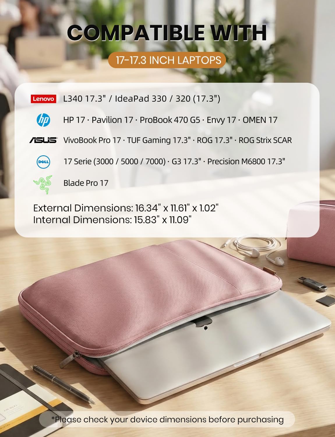 DOMISO 17.3 inch Laptop Sleeve Case Water Resistant Shockproof Protective Computer Bag for 17.3" Notebook/IdeaPad/LG Gram/HP Pavilion Envy 17/MSI with Accesory Bag,Pink