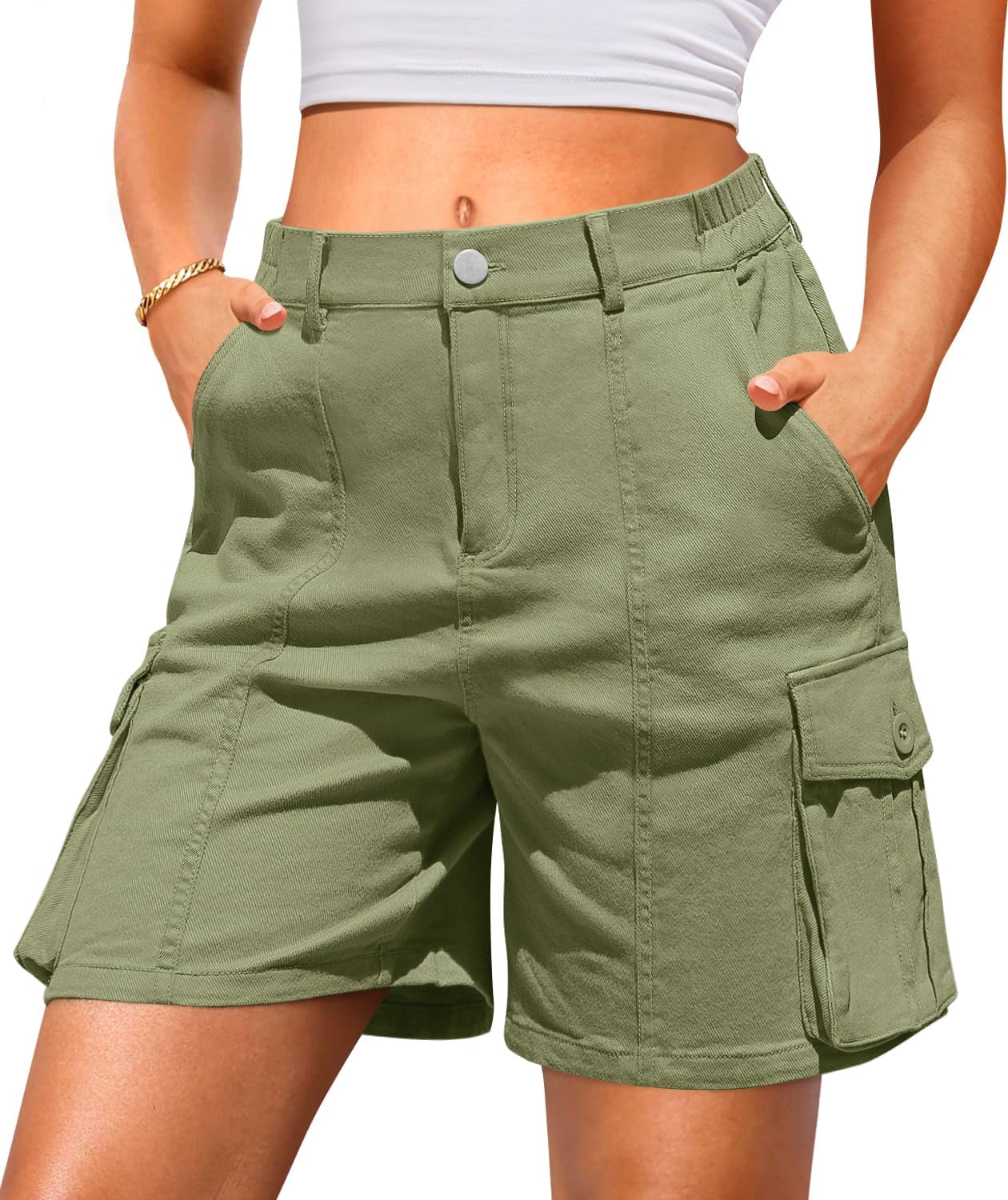 LYHIPSS Cargo Shorts Women Bermuda Knee Length Long Hiking Shorts with Pockets Elastic Waist for Summer Casual Trendy Outfits